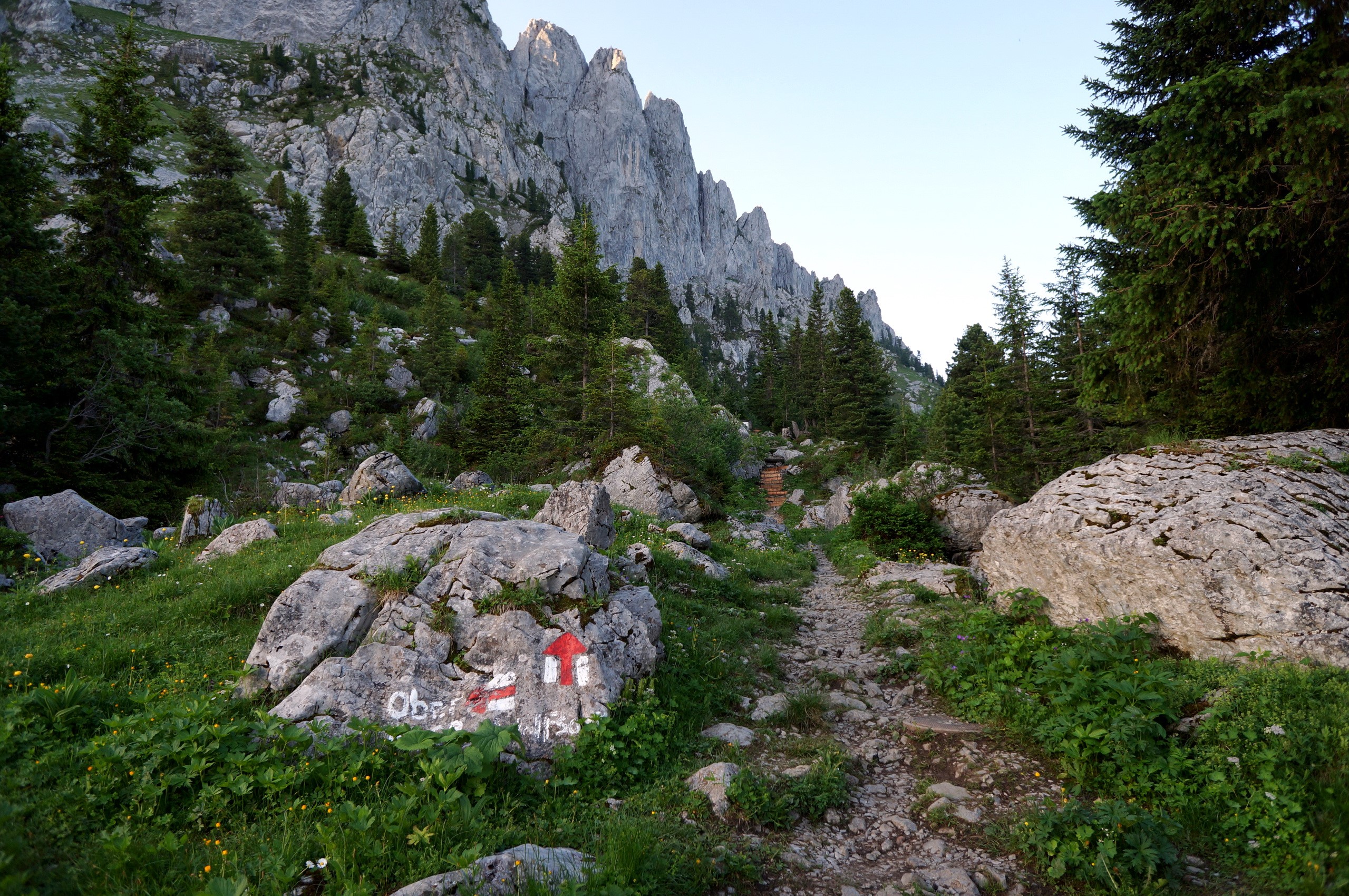 Hiking trail marker on a rock in the Gastlosen Mountains, Switzerland HD Wallpaper