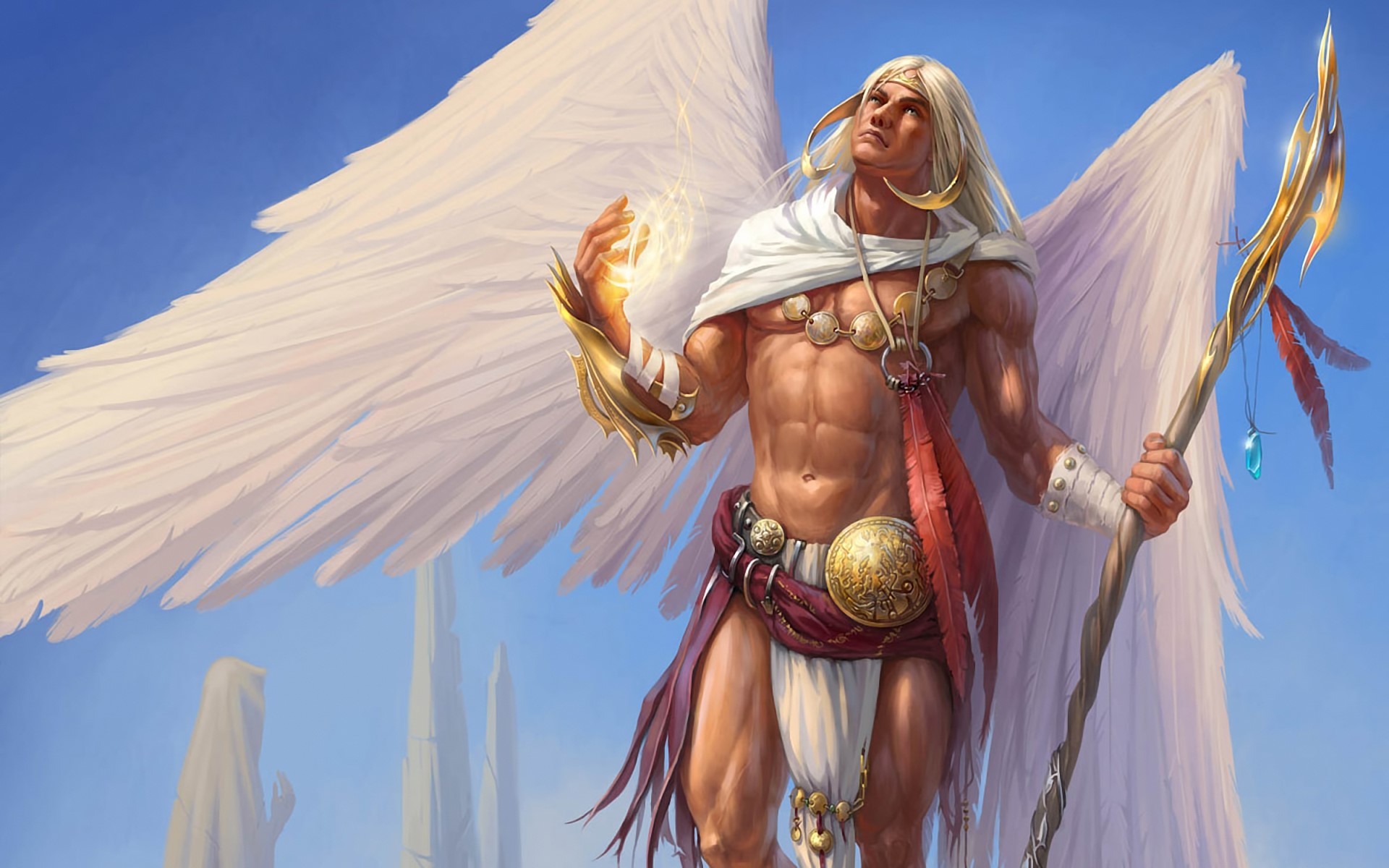 Angel with wings and spear holding glowing orb HD Wallpaper