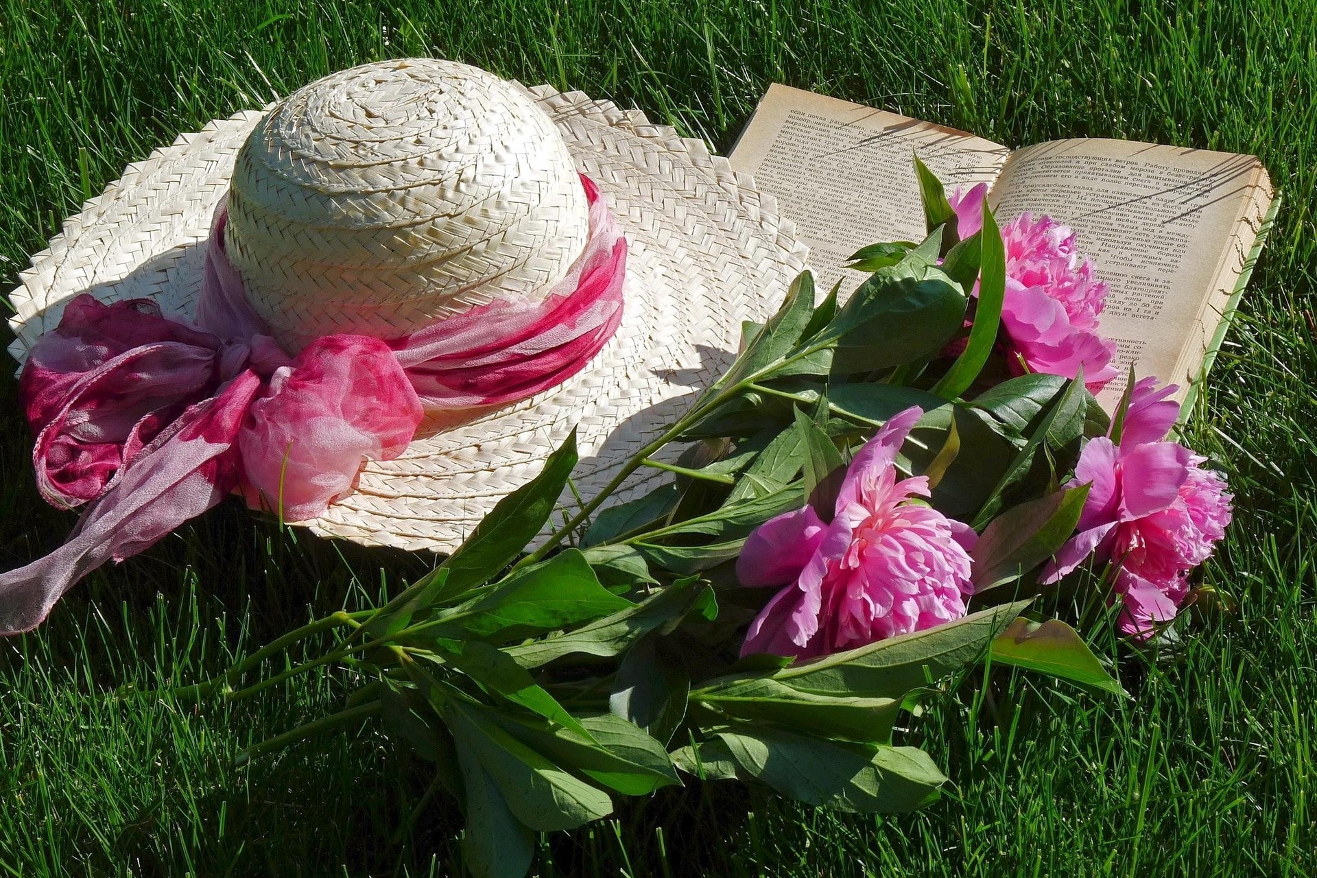 Straw hat with pink scarf, book, and peonies on grass HD Wallpaper