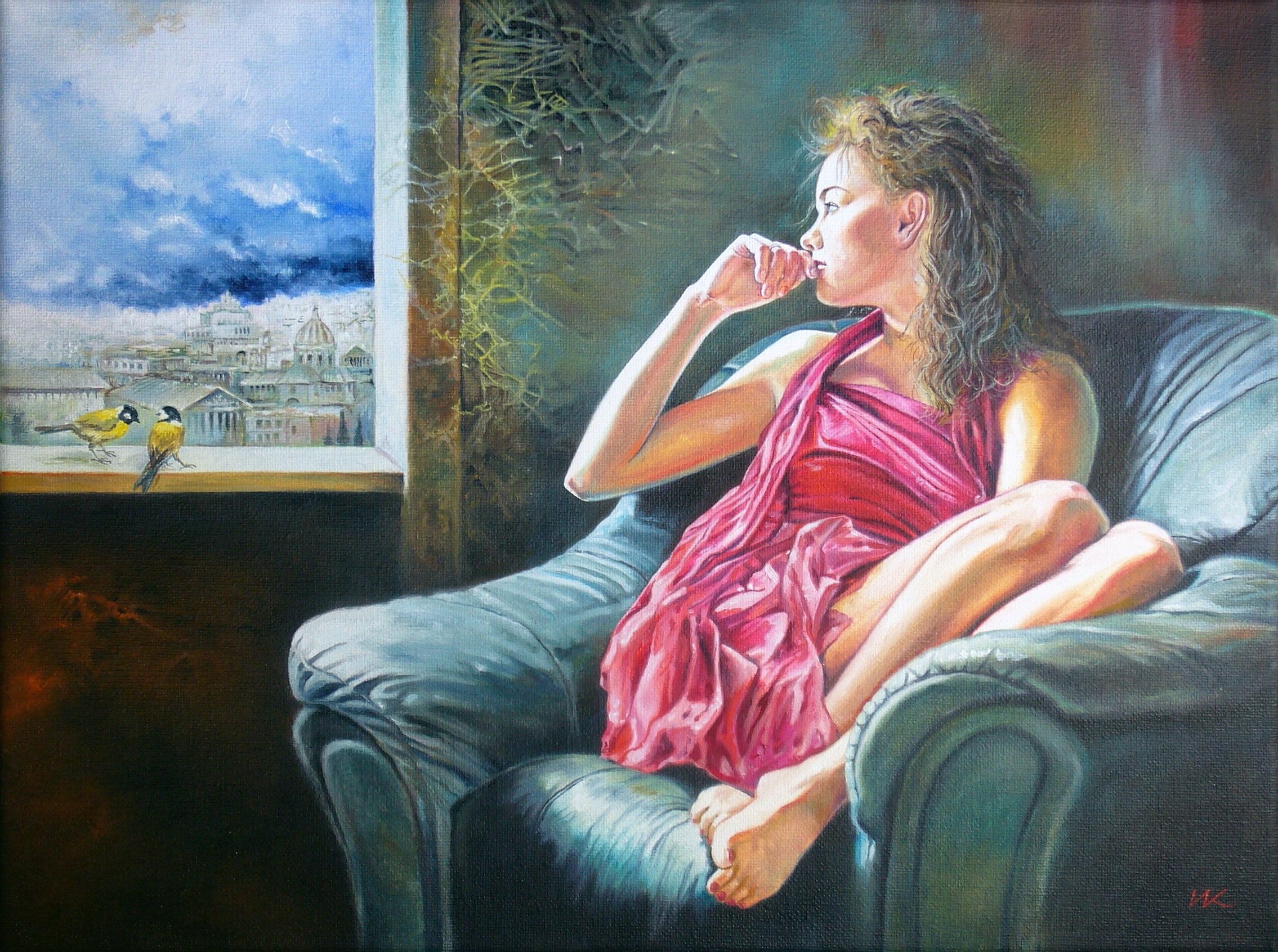 Woman in pink dress looking out window at city HD Wallpaper