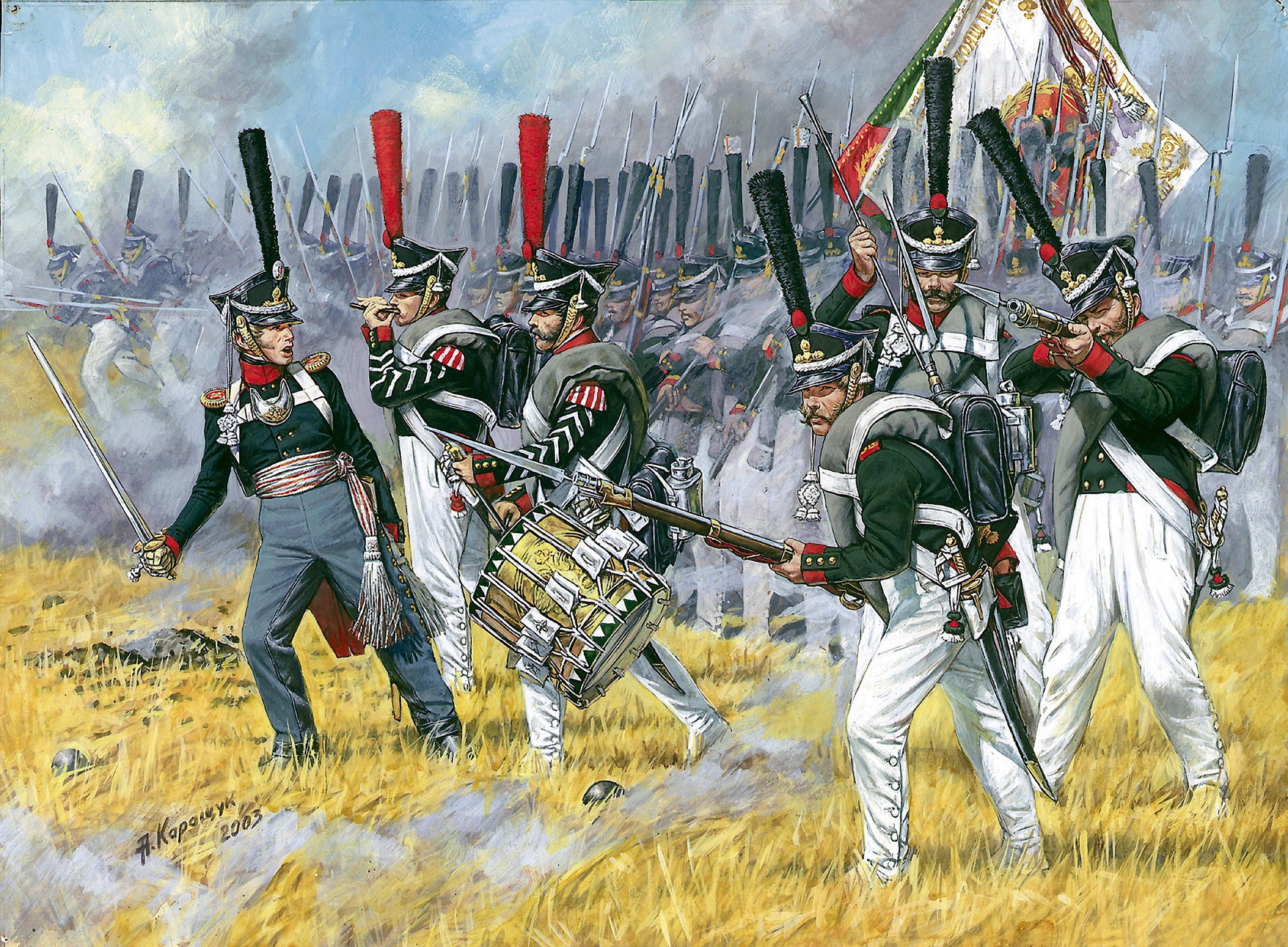 Soldiers in uniform with muskets and drums HD Wallpaper