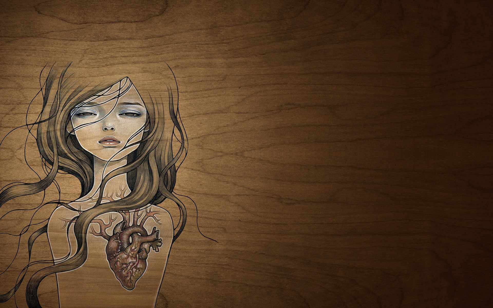 Girl with exposed heart on wooden background HD Wallpaper