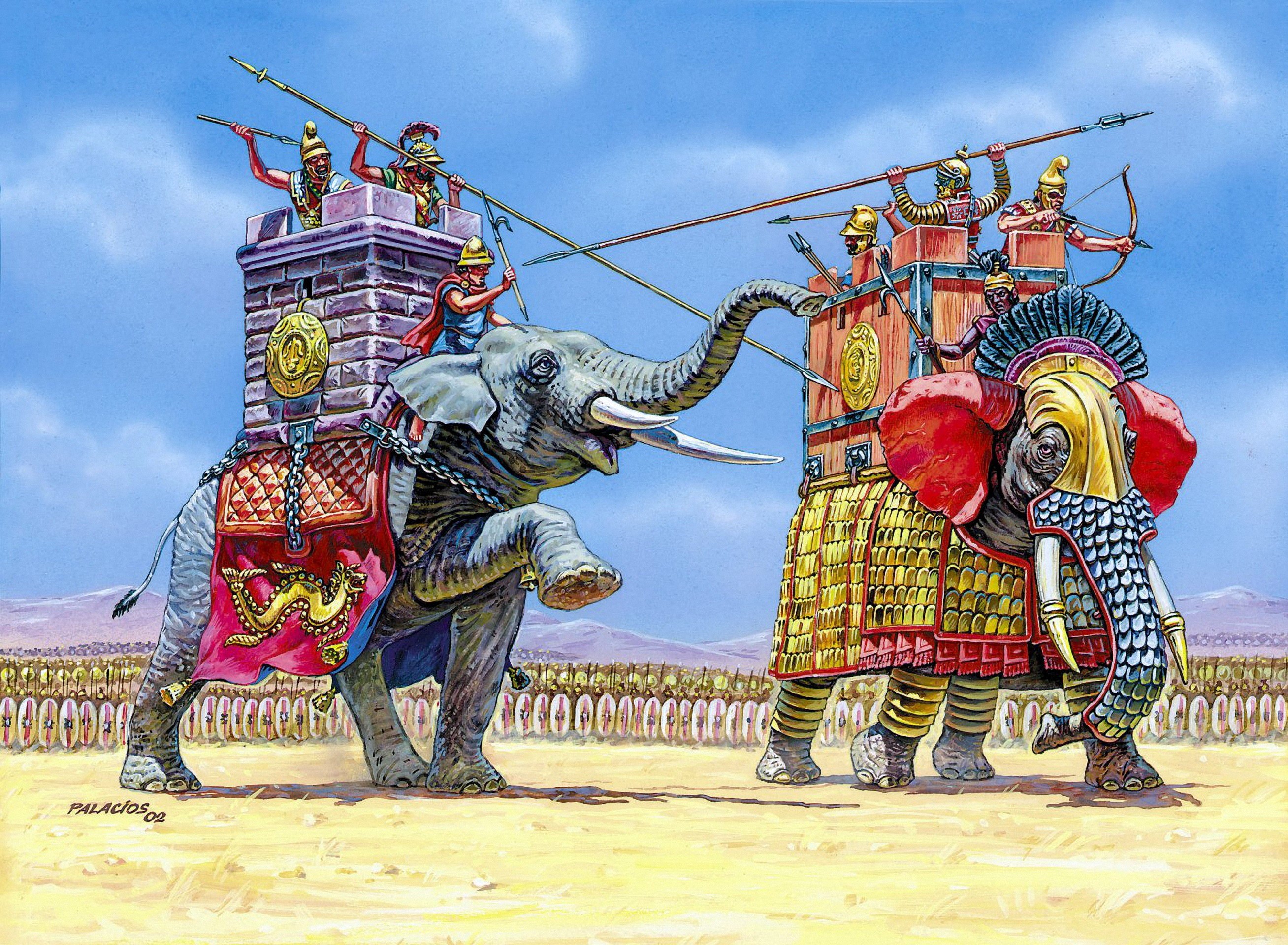 Ancient war elephants with soldiers in battle HD Wallpaper