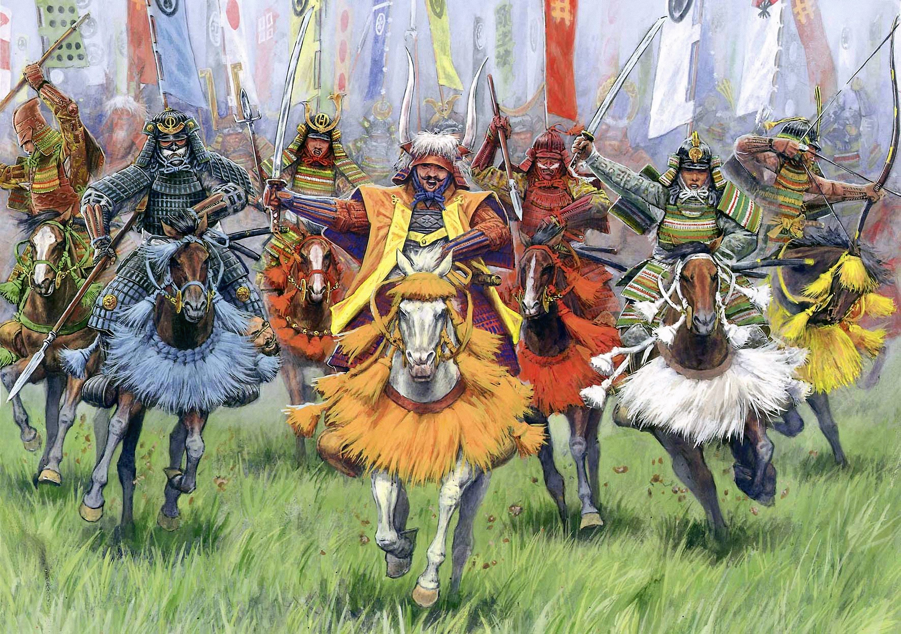 Samurai warriors on horseback with banners HD Wallpaper