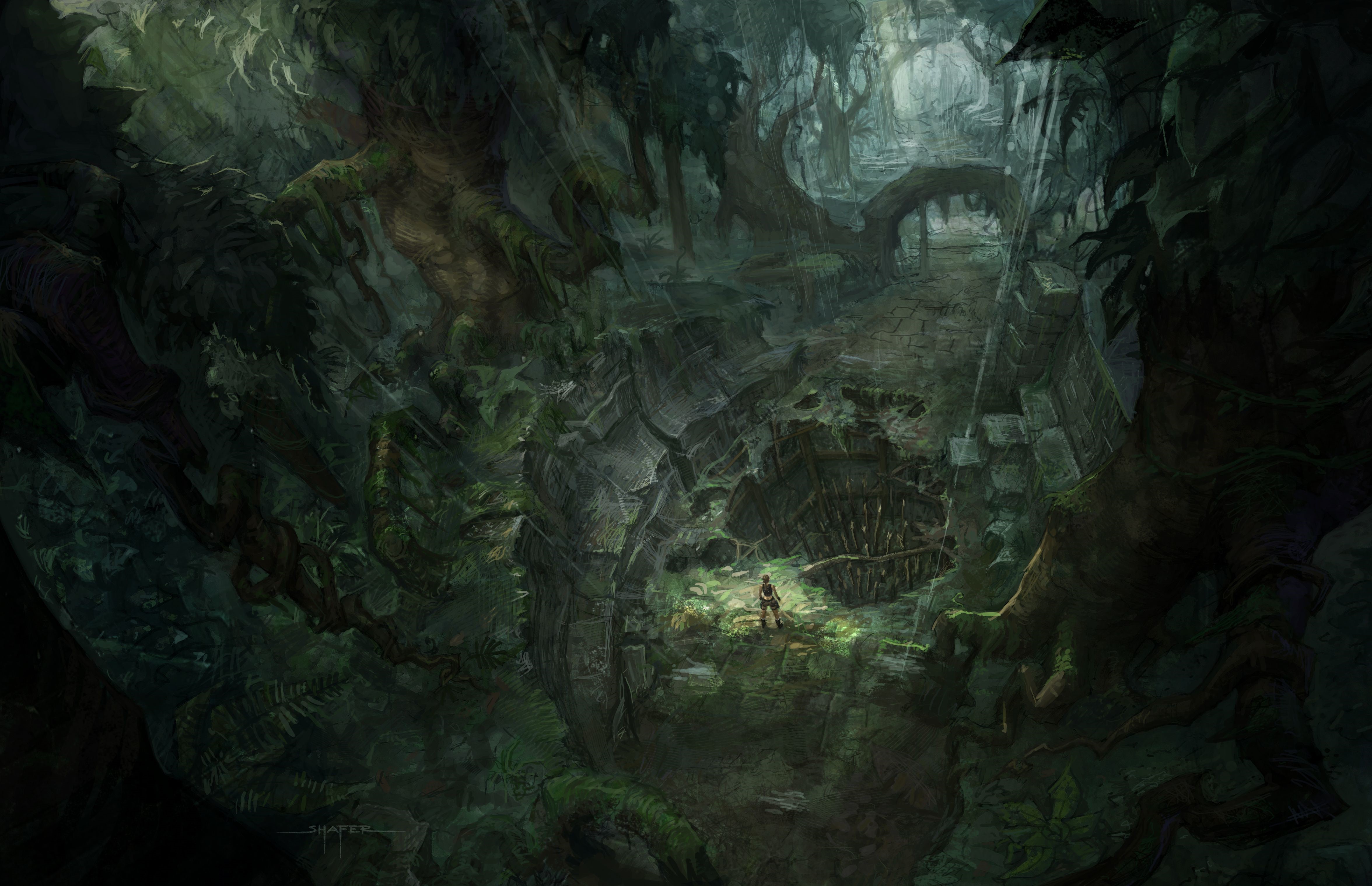 Lara Croft from Tomb Raider in a jungle ruin HD Wallpaper