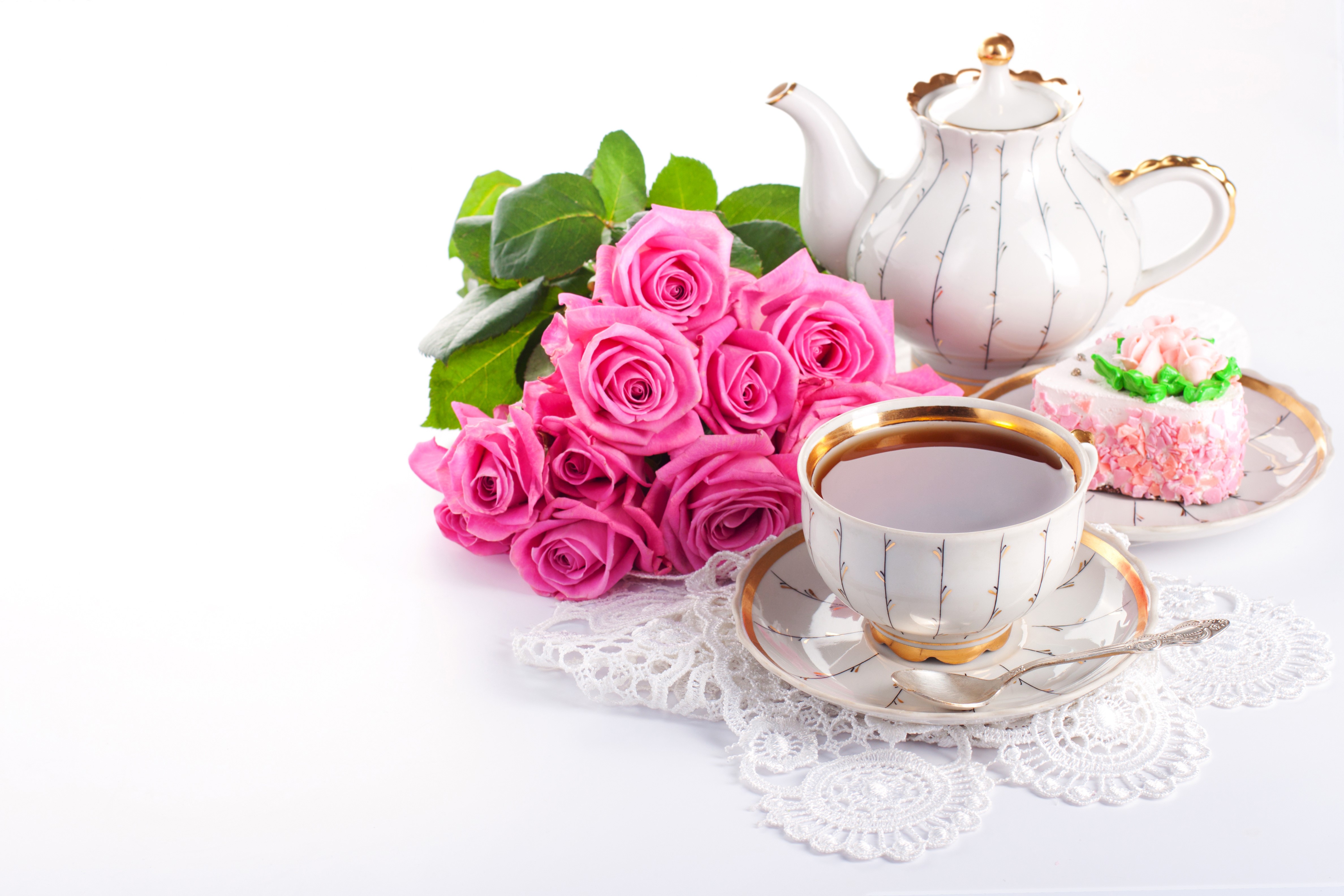 Tea set with pink roses and cake HD Wallpaper