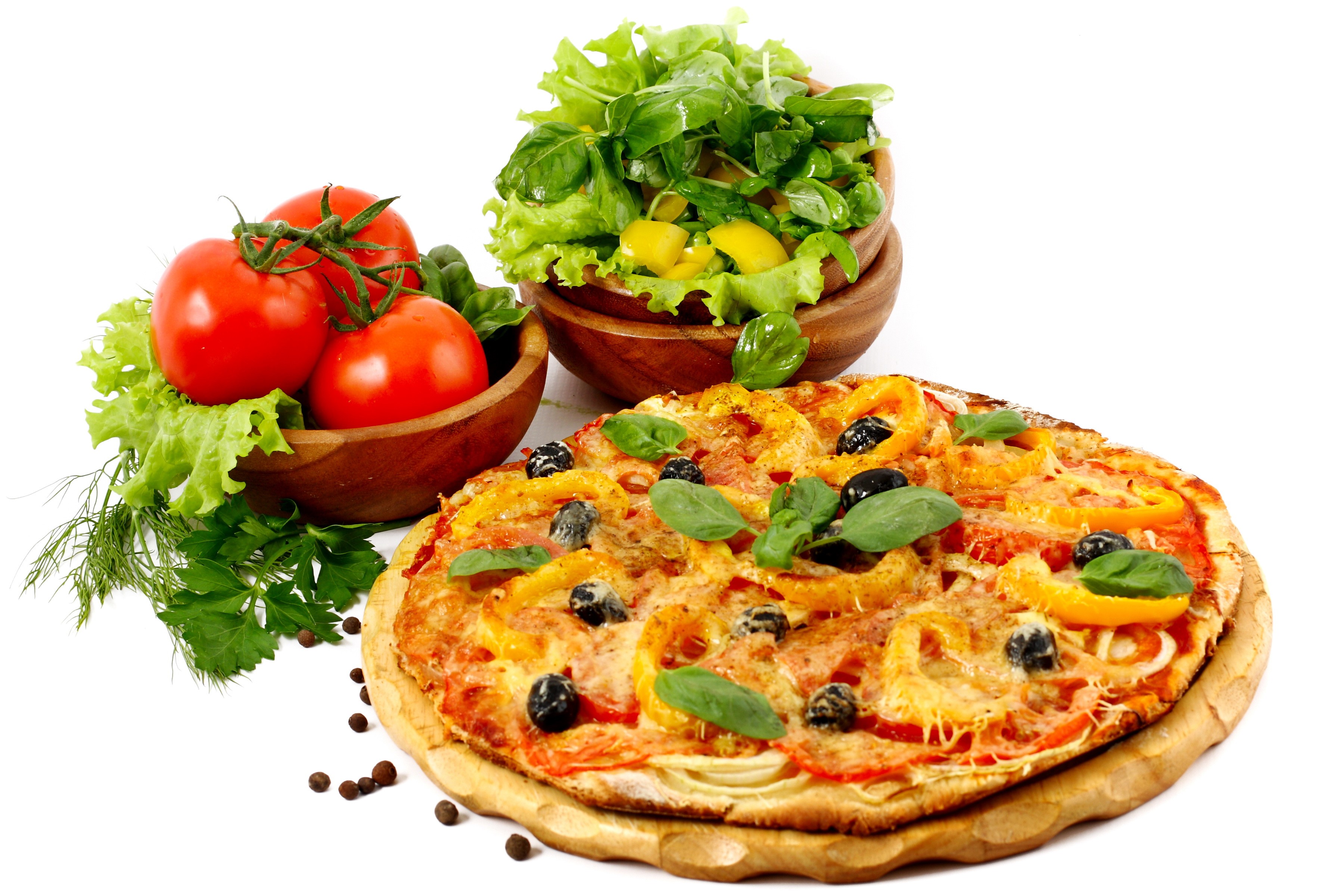 Pizza with tomatoes and salad HD Wallpaper