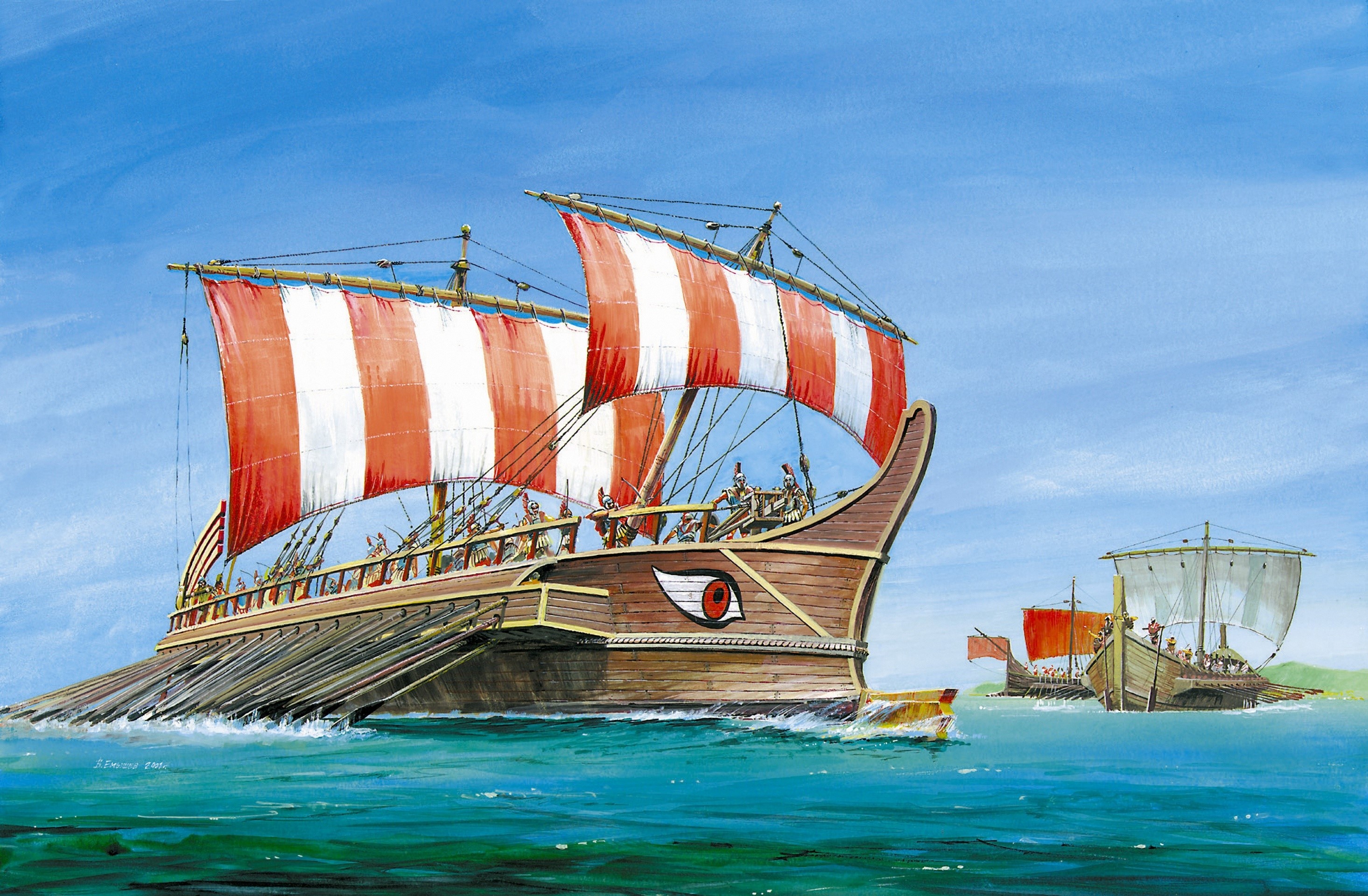 Ancient Warships Sailing on the Sea HD Wallpaper