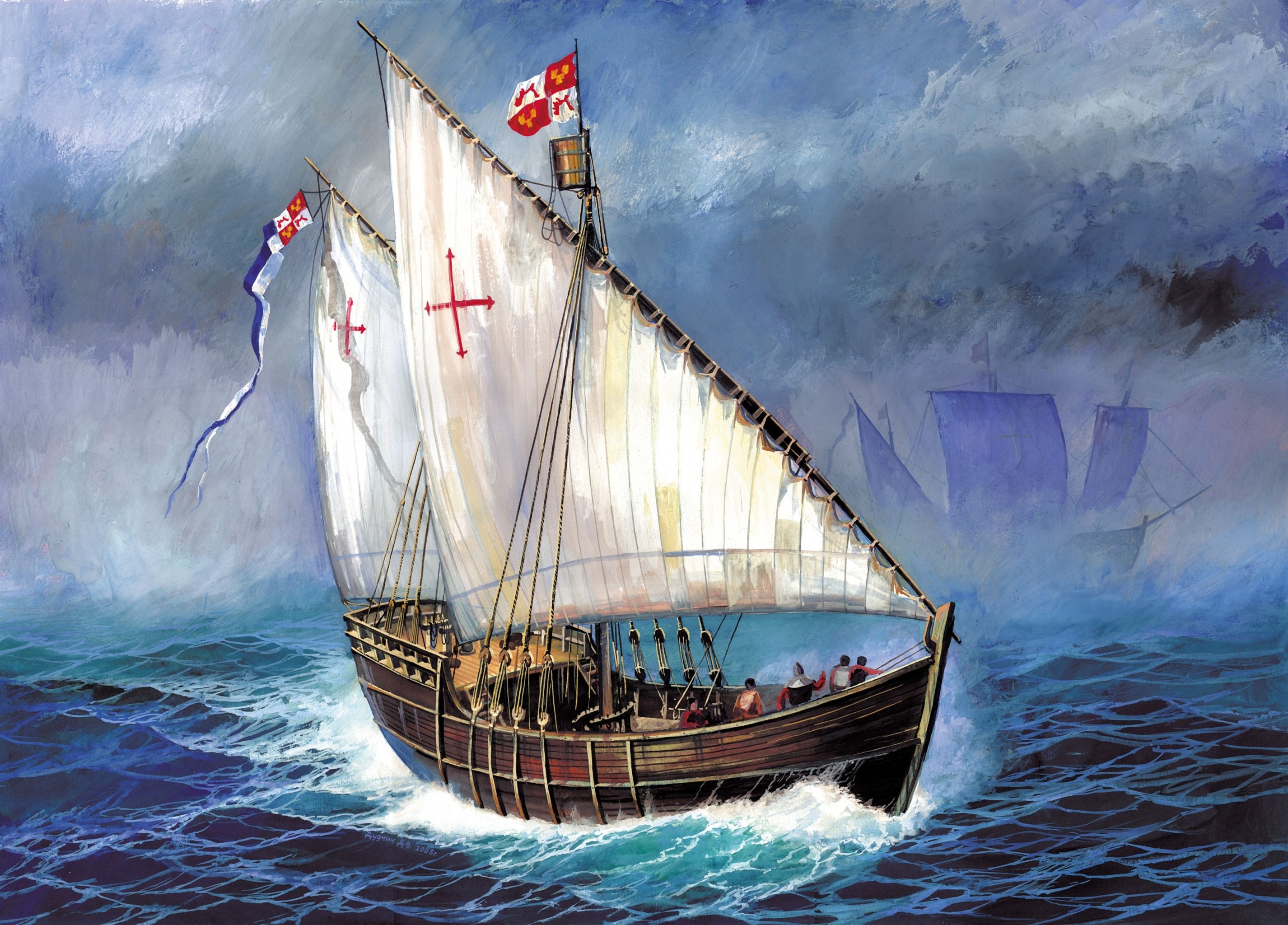 Painting of a caravel sailing on a stormy sea HD Wallpaper