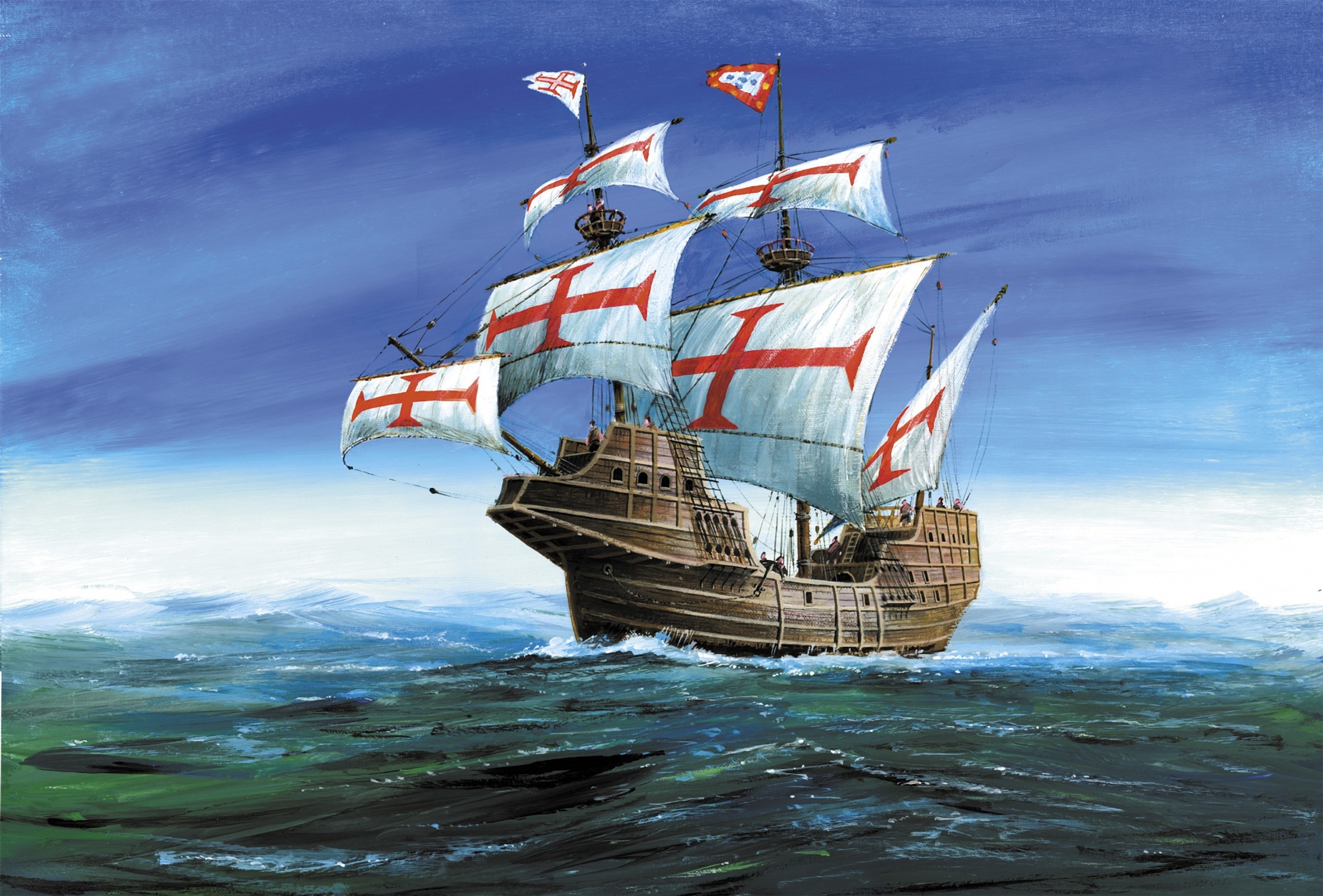 Painting of a Portuguese carrack sailing on the ocean HD Wallpaper