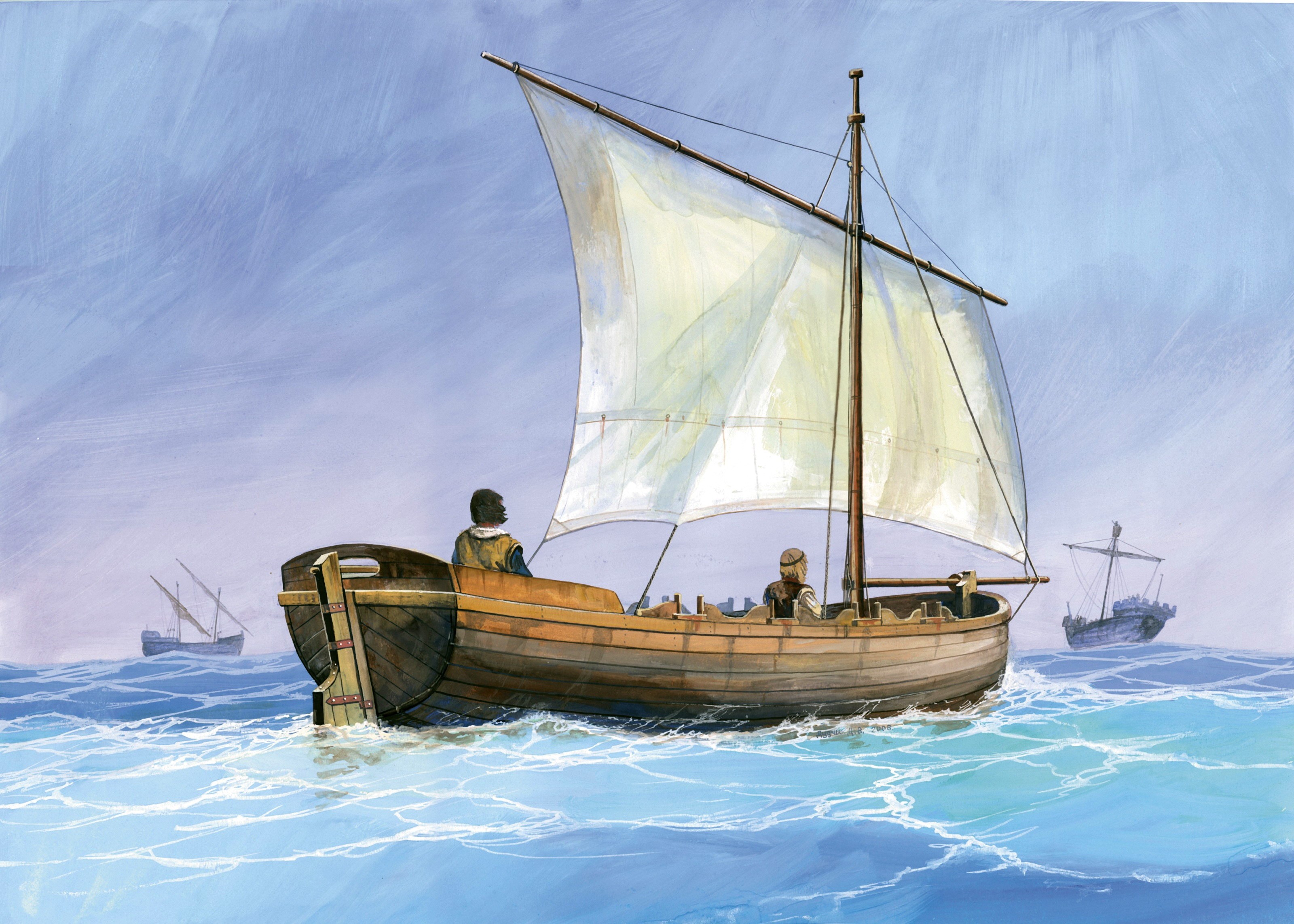 Painting of a wooden sailboat with two people on the sea HD Wallpaper