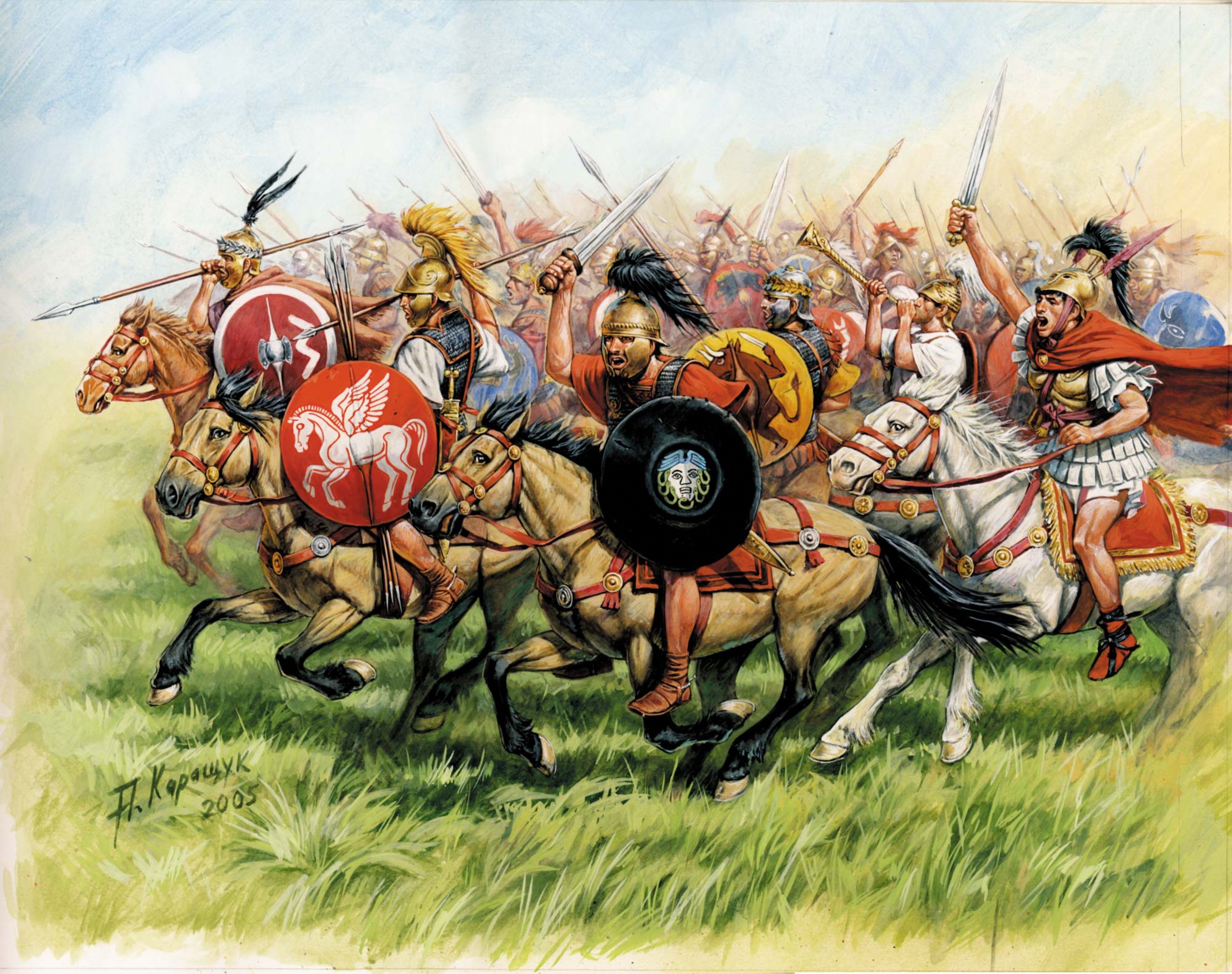 Ancient cavalry charge with soldiers and horses HD Wallpaper
