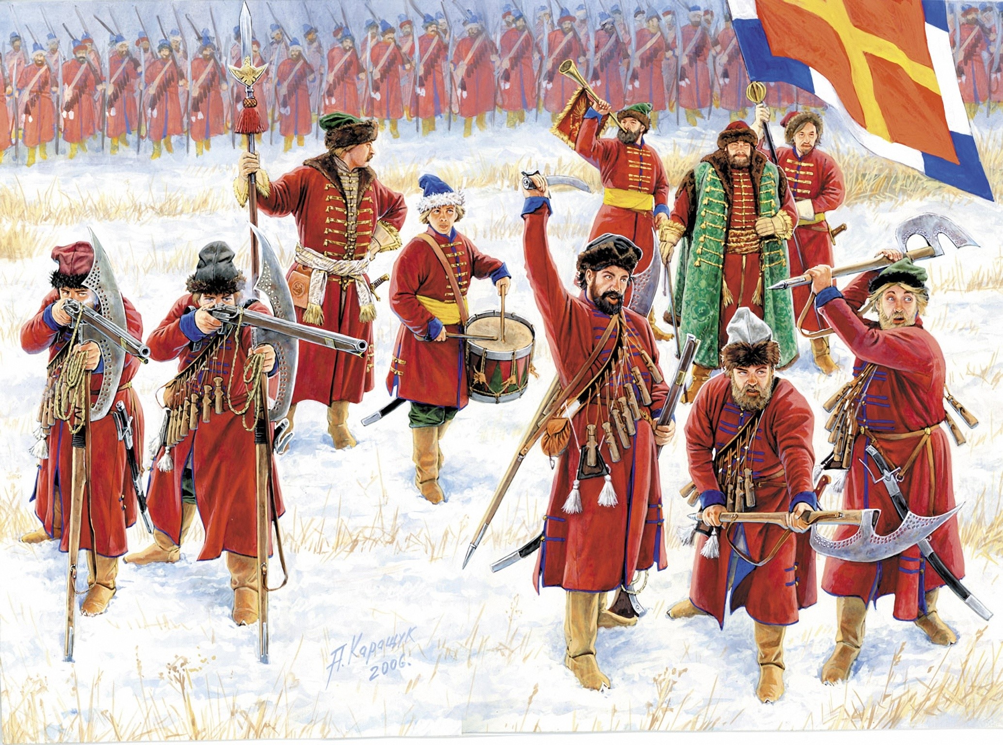 Soldiers in red coats with muskets and axes in the snow HD Wallpaper