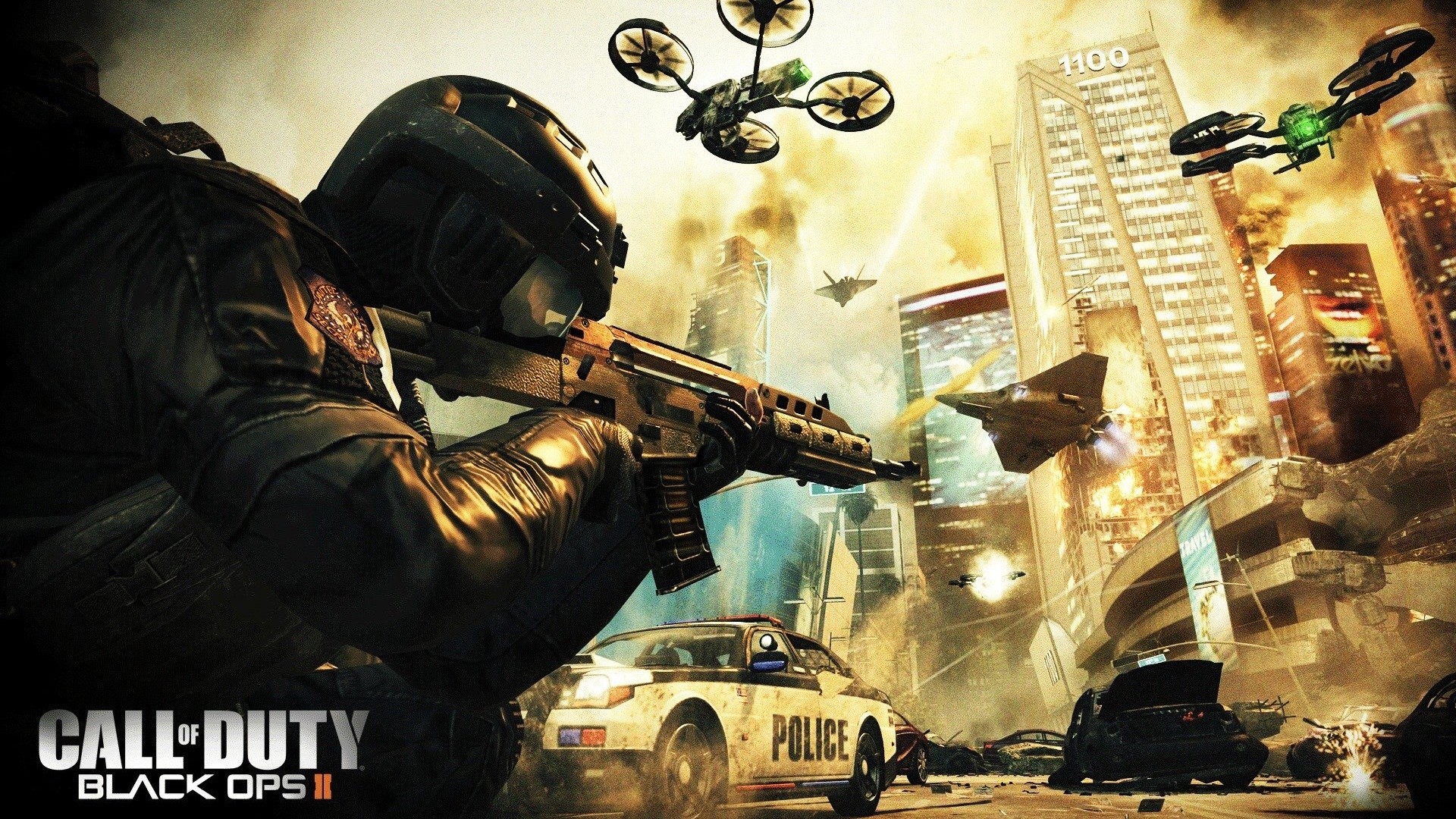 Call of Duty: Black Ops II Soldier with Drone and Cityscape HD Wallpaper
