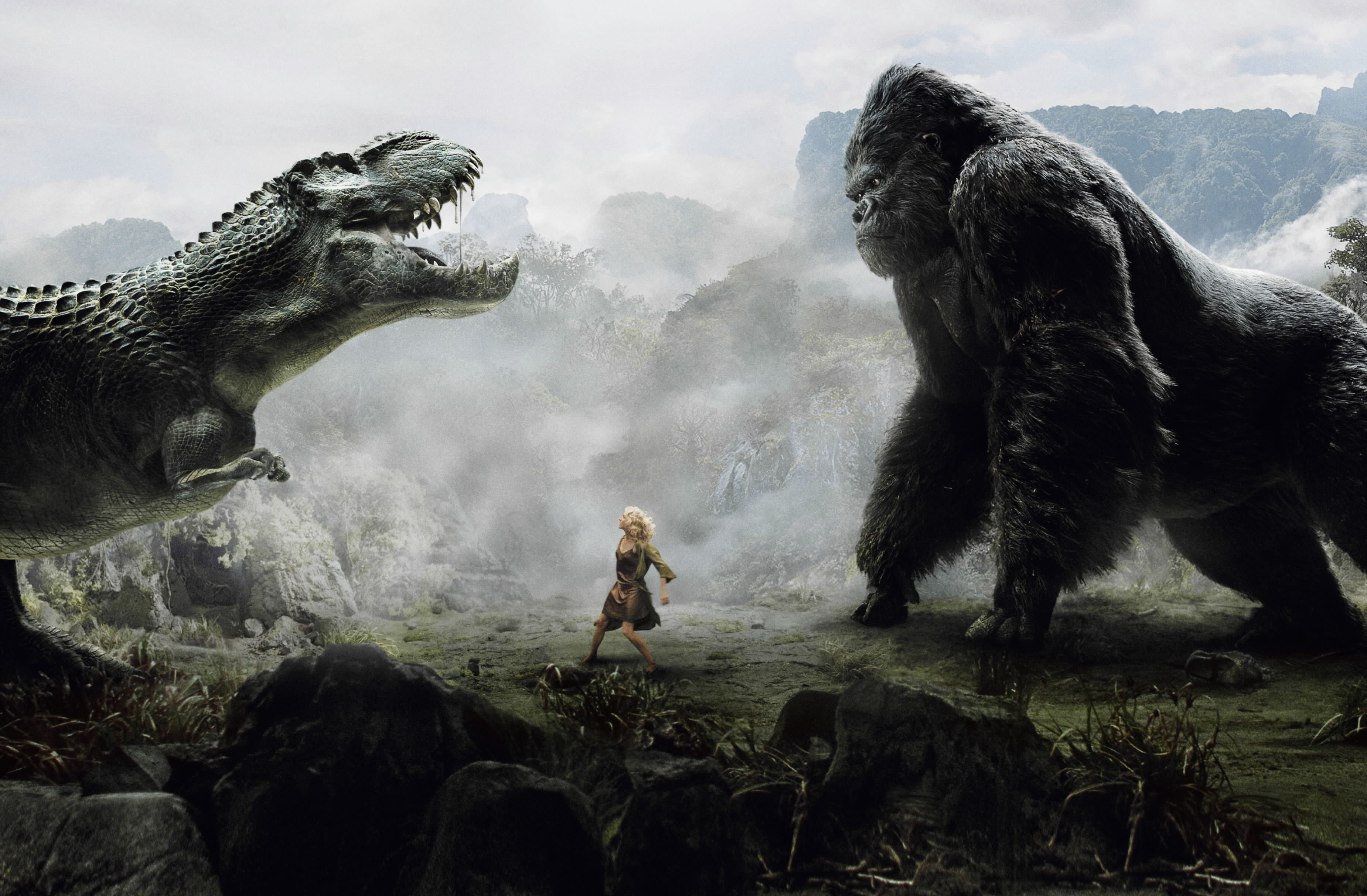 King Kong vs. Tyrannosaurus Rex with a woman HD Wallpaper