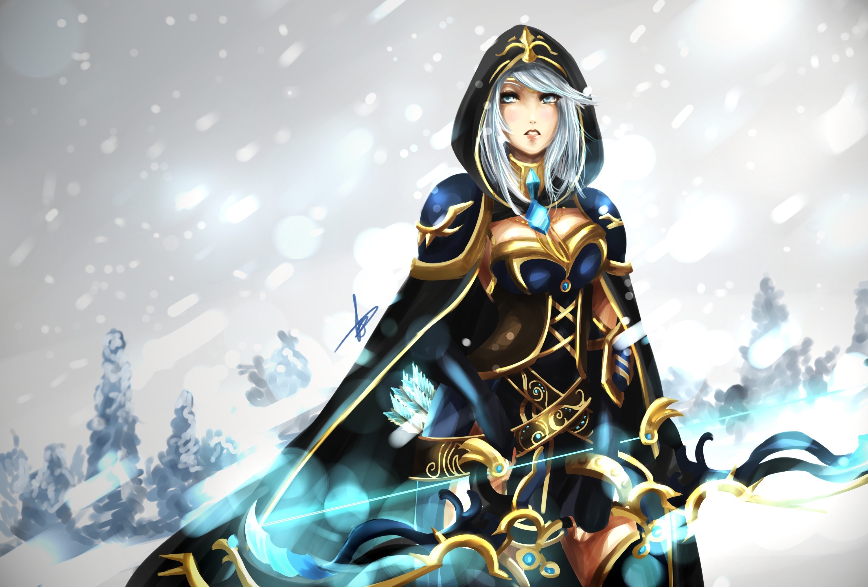 Ashe from League of Legends in a snowy environment HD Wallpaper