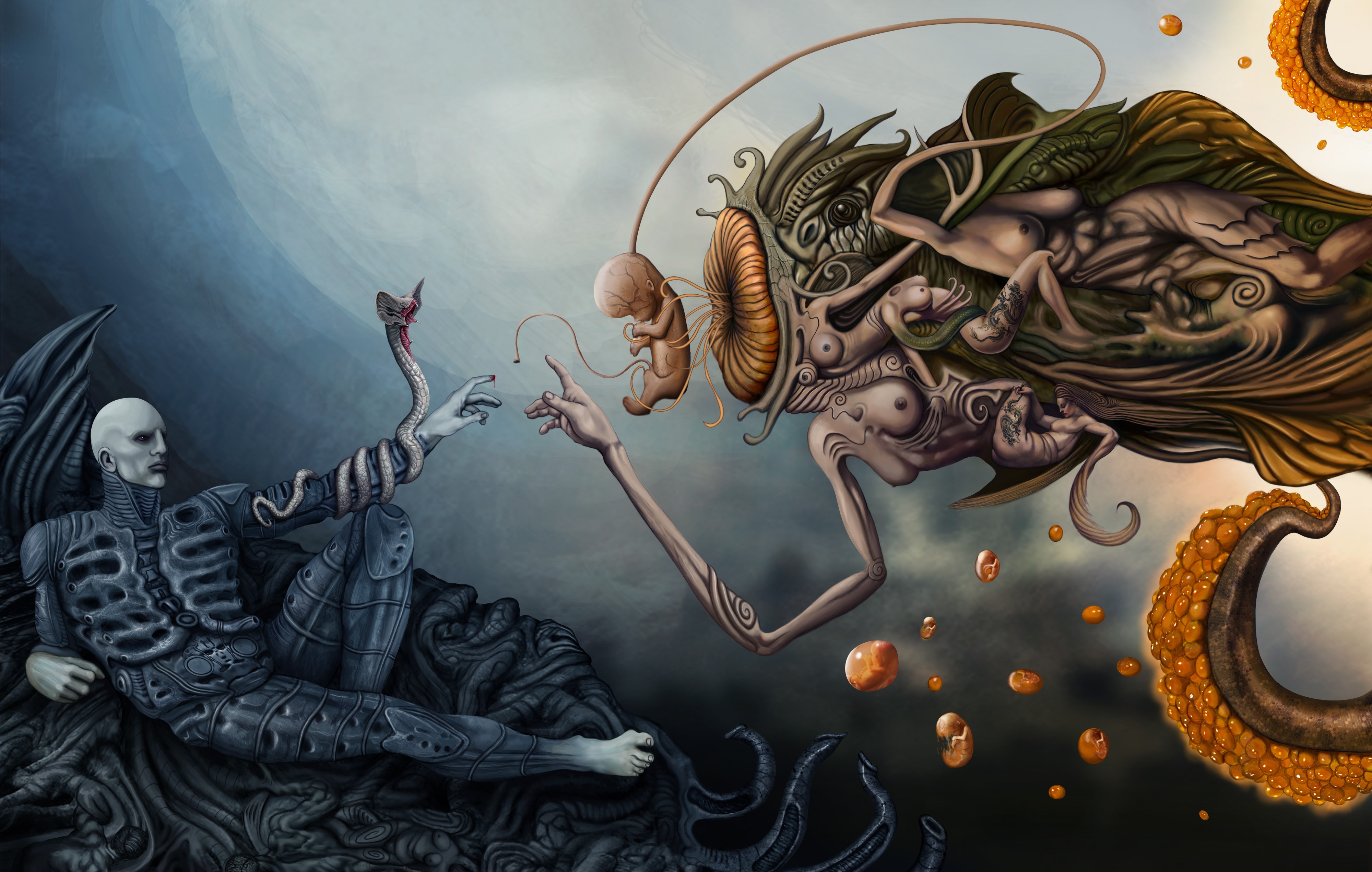 Surreal beings and a fetus in a cosmic scene HD Wallpaper