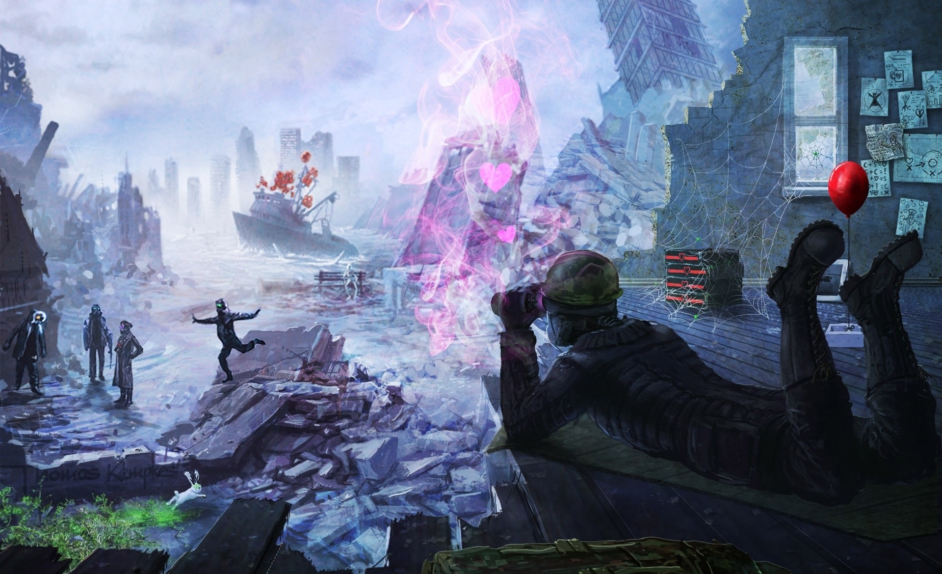 Romantically Apocalyptic scene with survivors and a ship HD Wallpaper