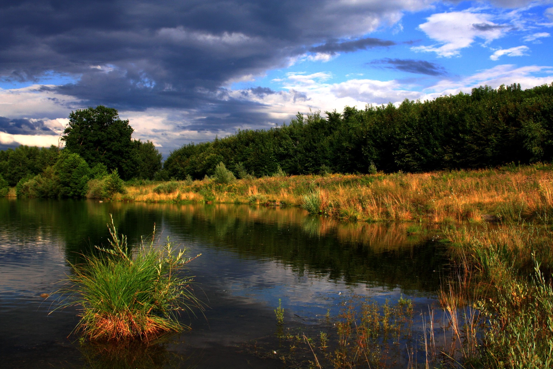 Lake with trees and dramatic clouds HD Wallpaper