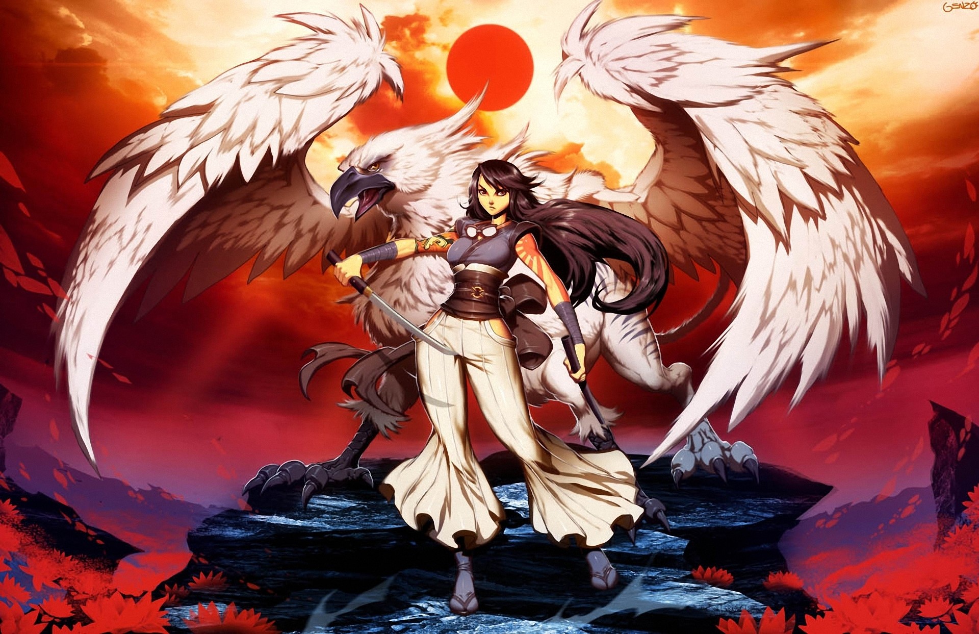Woman warrior with a griffin HD Wallpaper