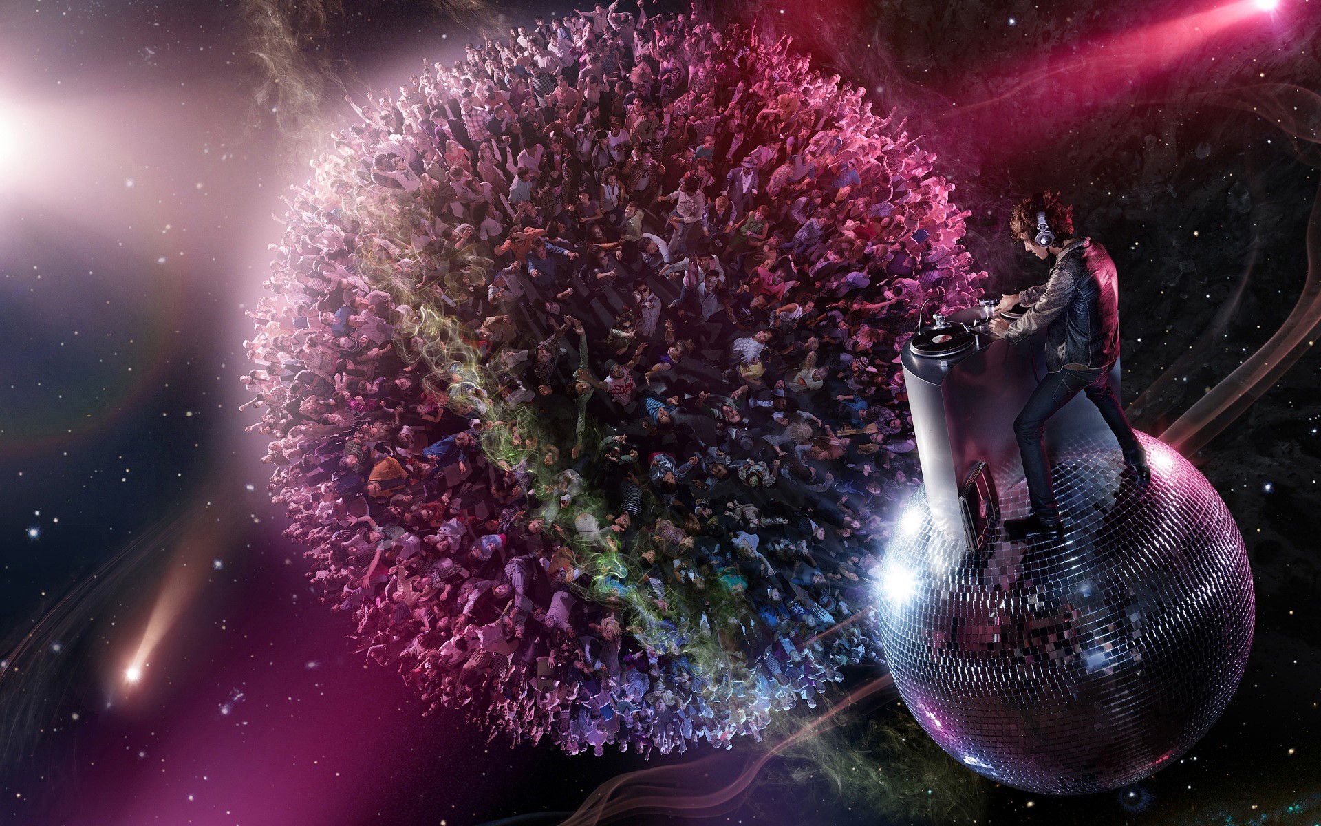 DJ on a disco ball with a planet of people HD Wallpaper