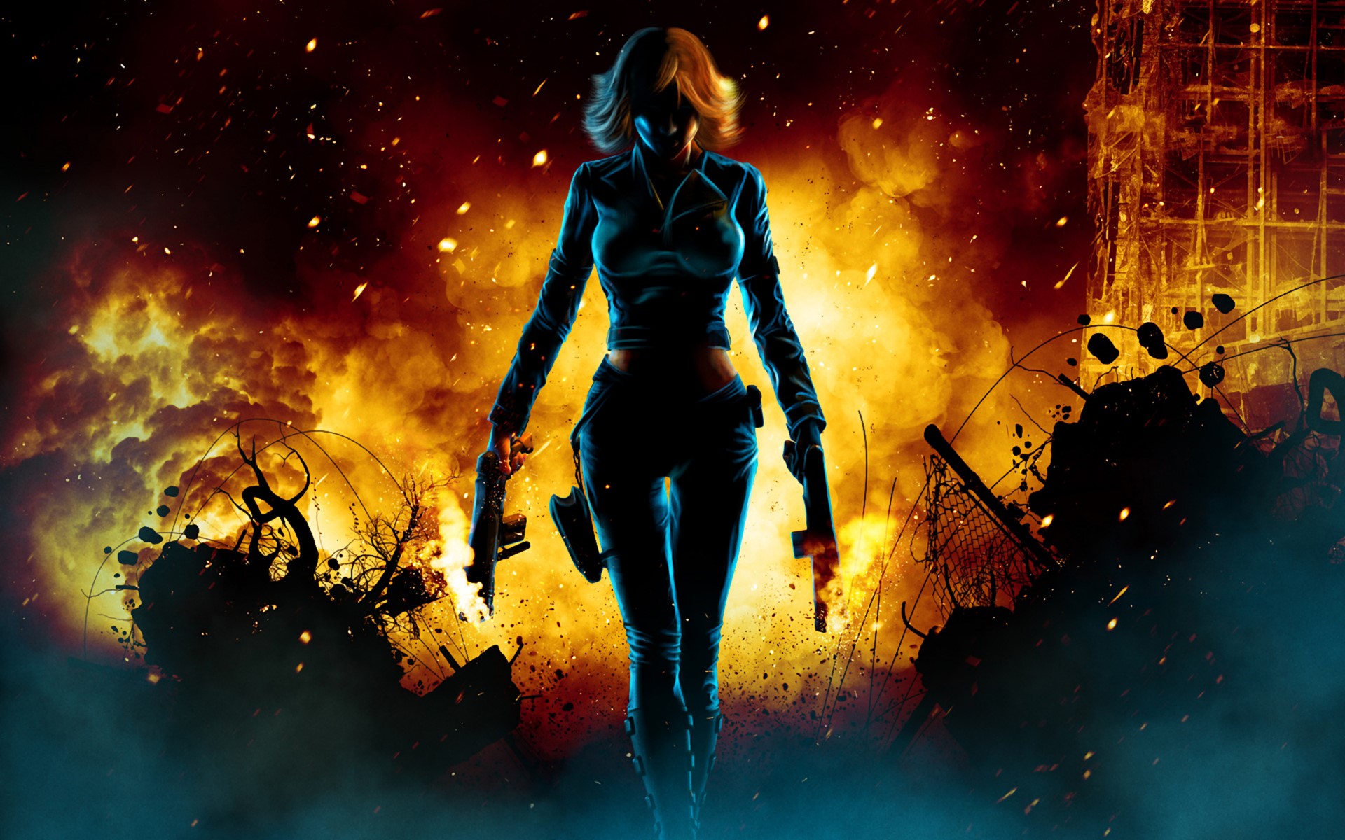Woman with guns in a fiery explosion HD Wallpaper
