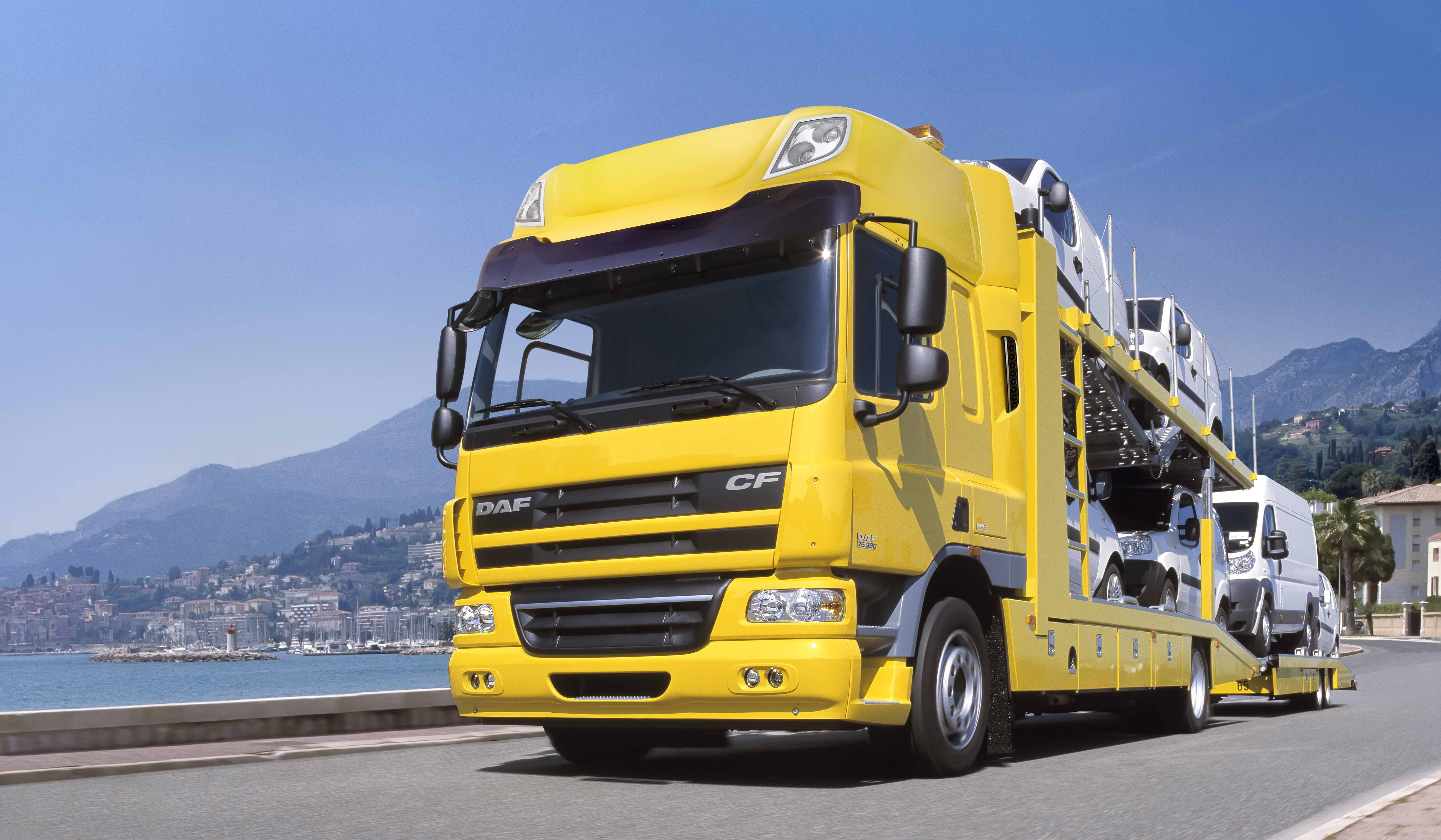 Yellow DAF CF 75 360 car carrier truck HD Wallpaper
