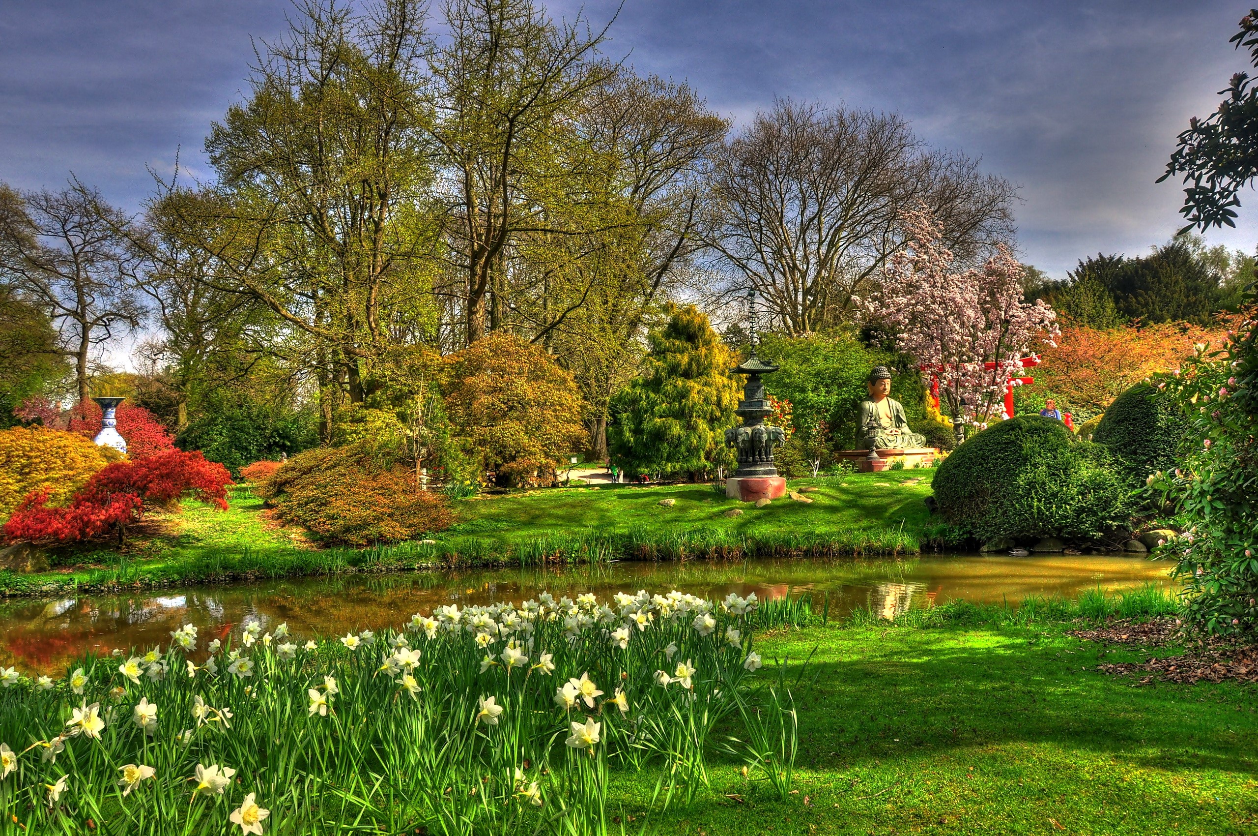 Japanese garden with pond and flowers HD Wallpaper