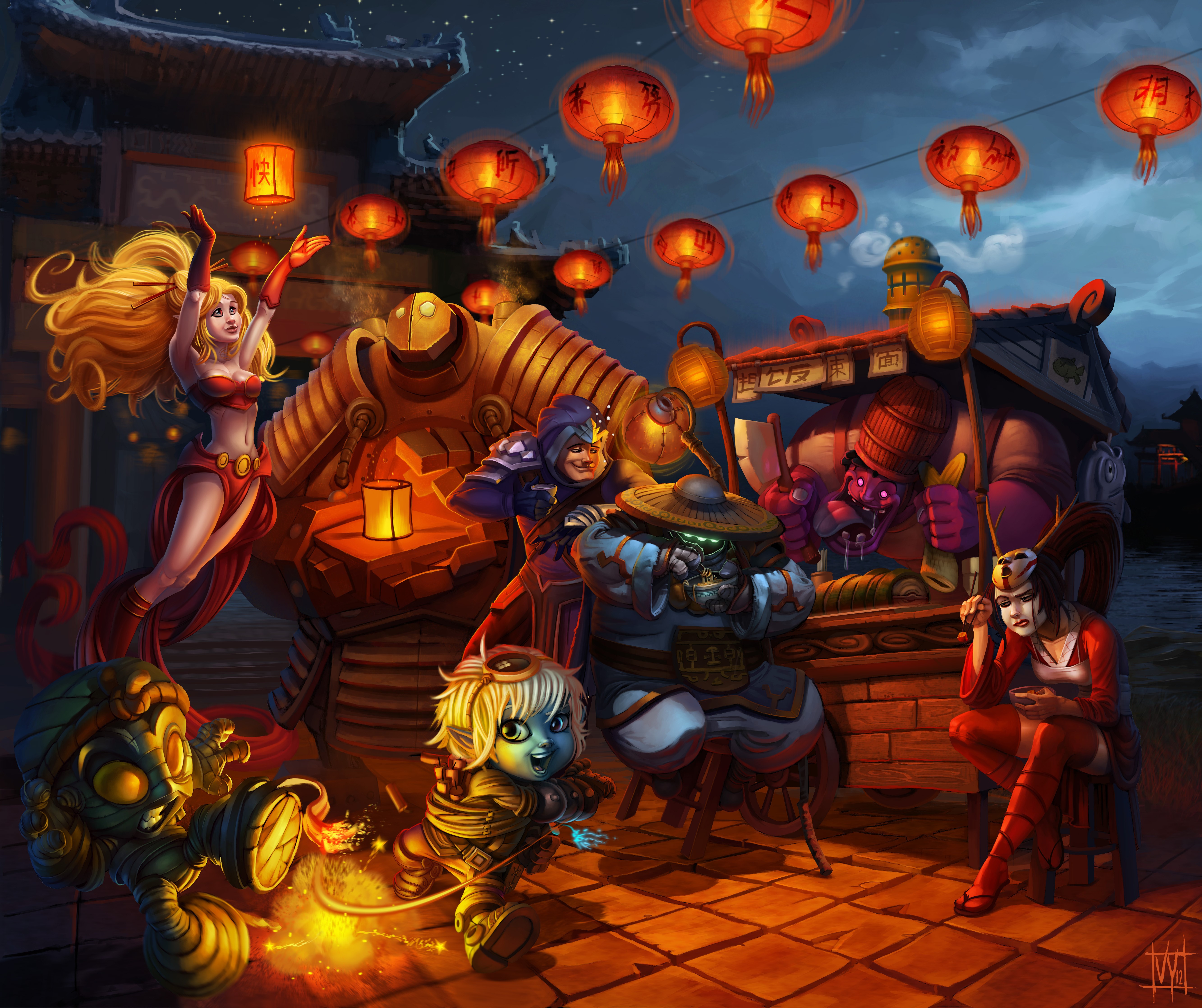 League of Legends characters at a festival HD Wallpaper