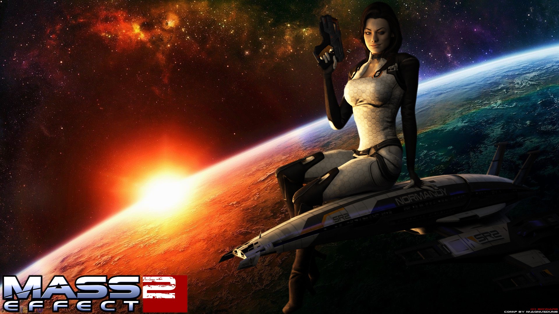 Female soldier from Mass Effect 2 sitting on a spaceship HD Wallpaper