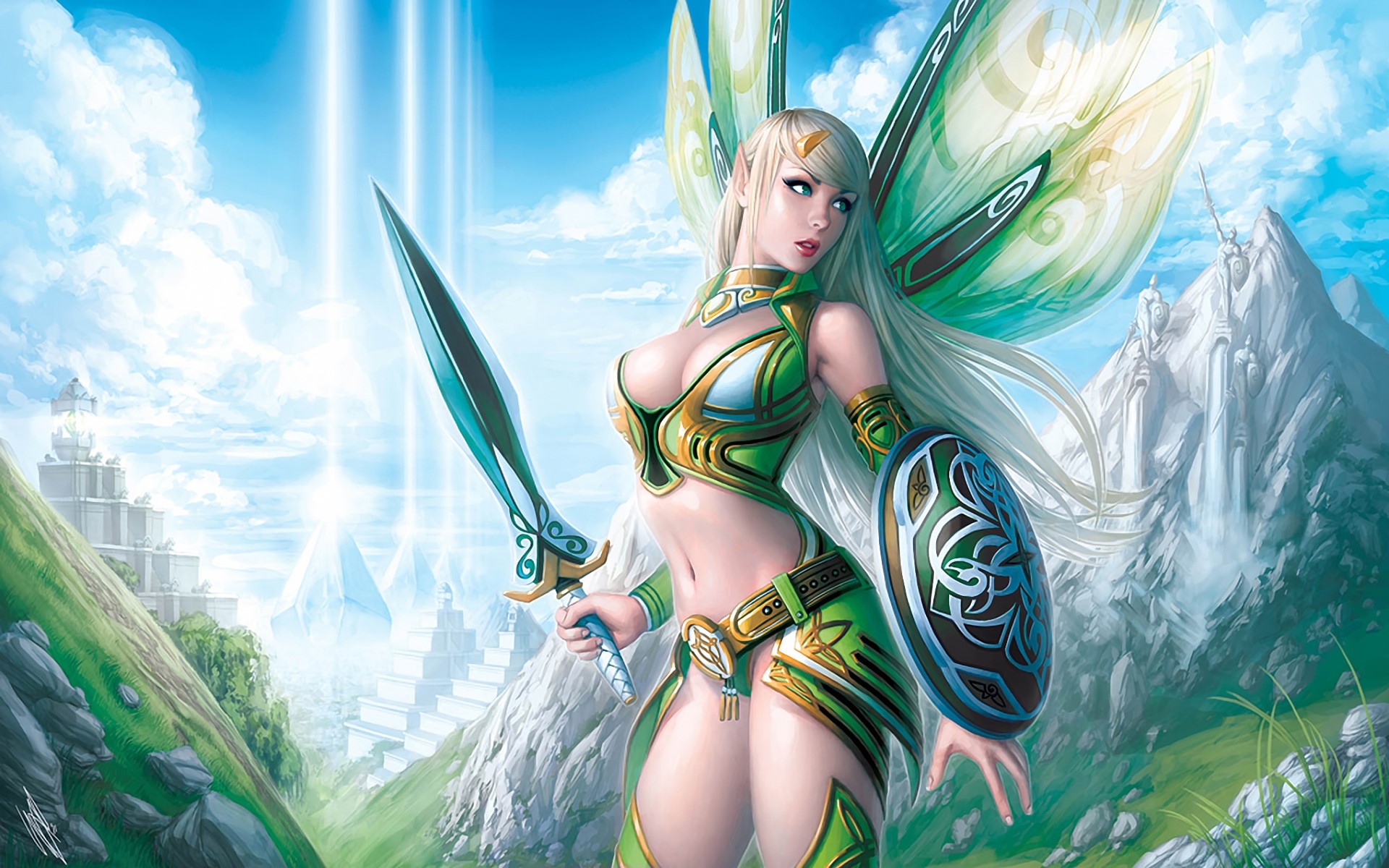 Fairy warrior with sword and shield in fantasy landscape HD Wallpaper