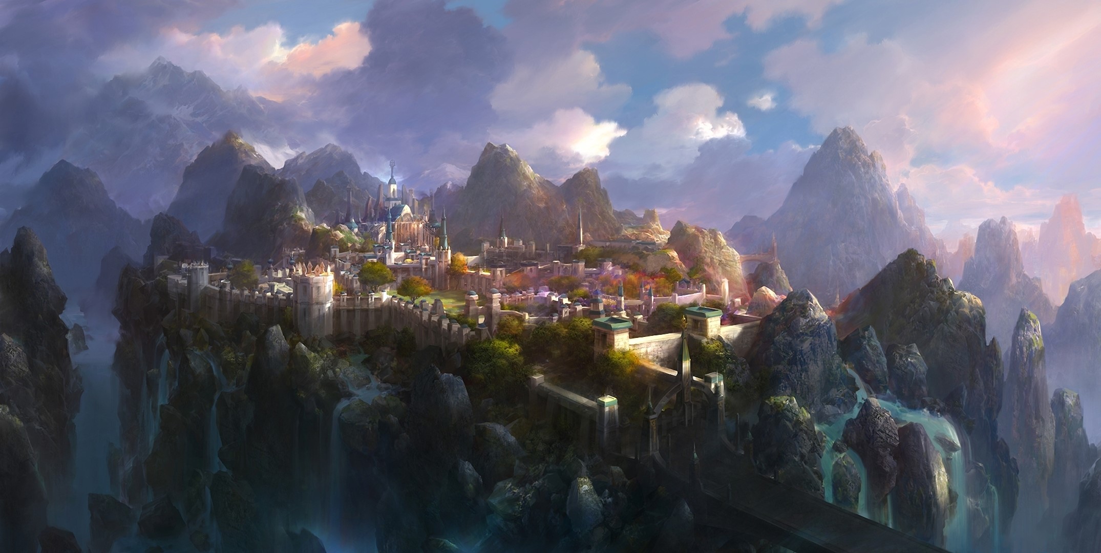 Fantasy city on a mountain range with waterfalls HD Wallpaper