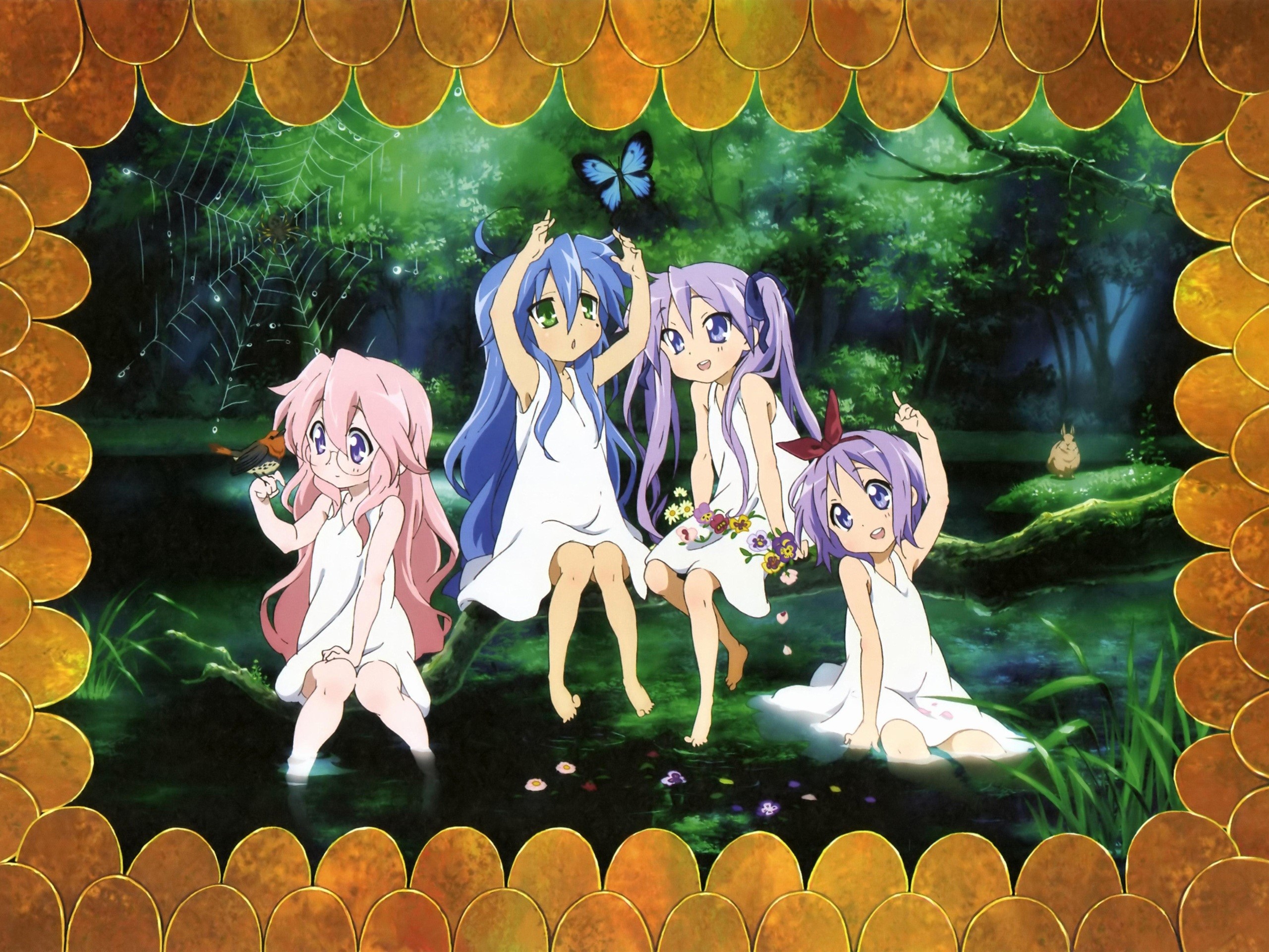 Lucky Star characters in a forest pond HD Wallpaper