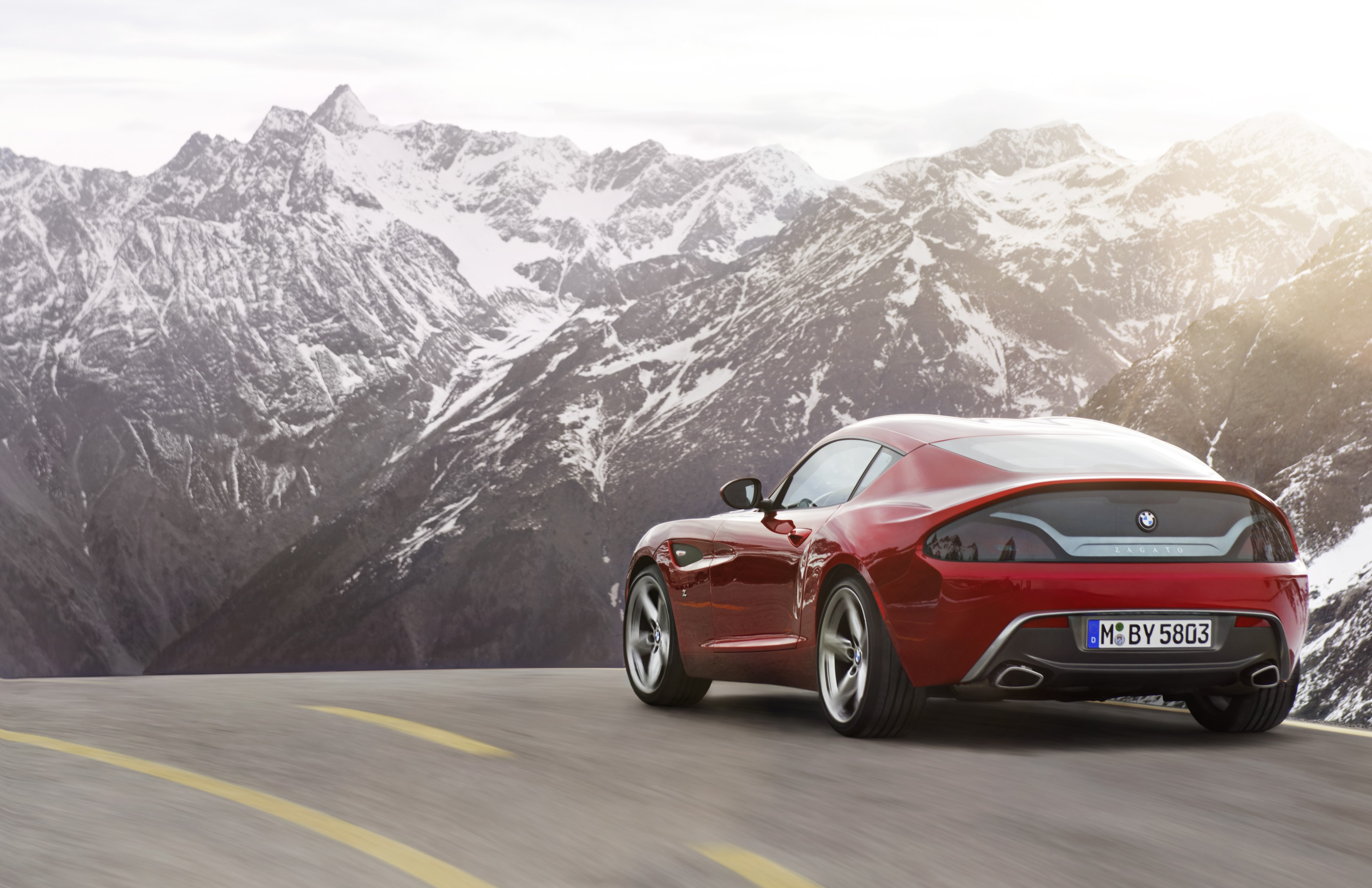 Red BMW Zagato Coupe on a mountain road HD Wallpaper