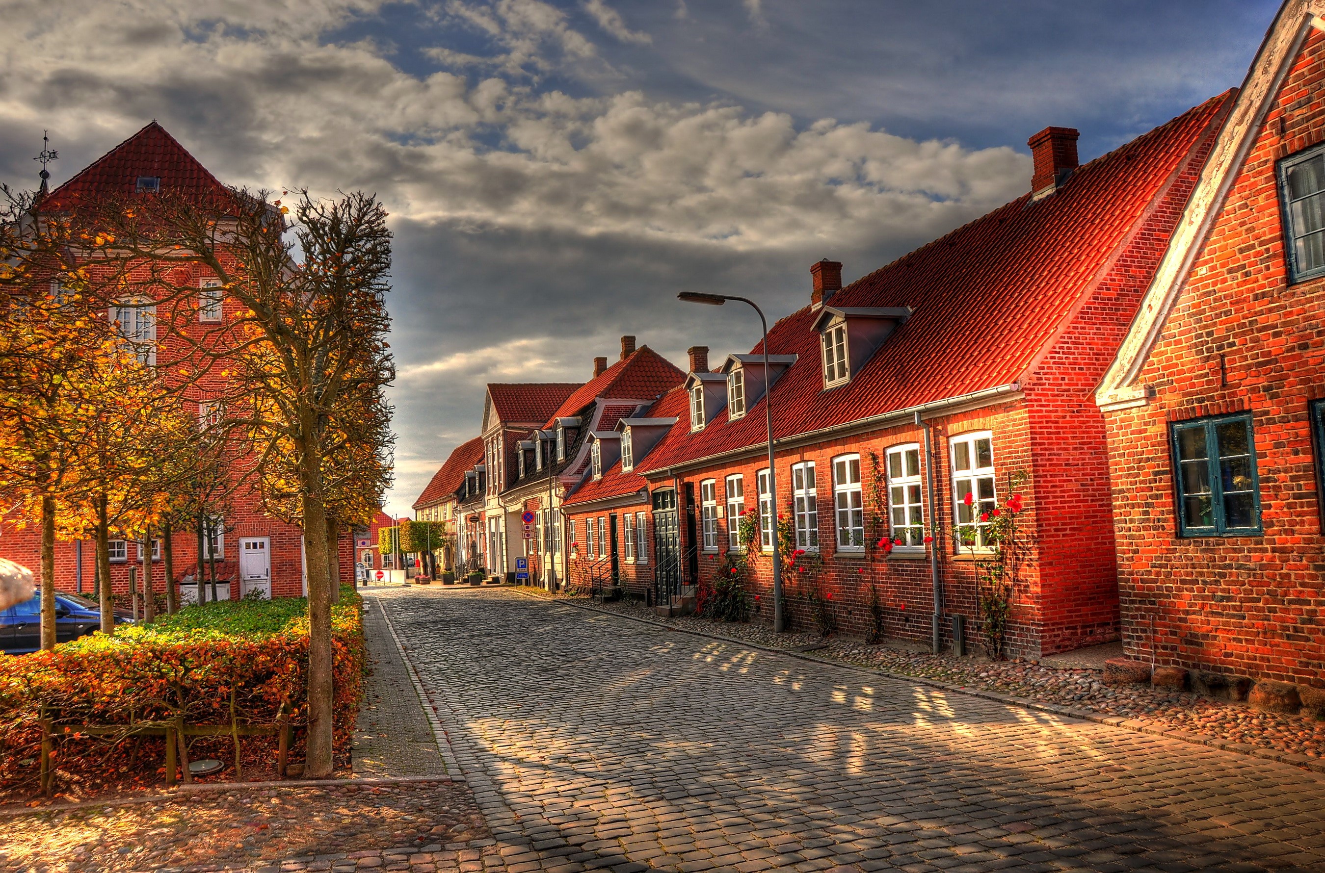 Street in Denmark with Brick Houses and Autumn Trees HD Wallpaper