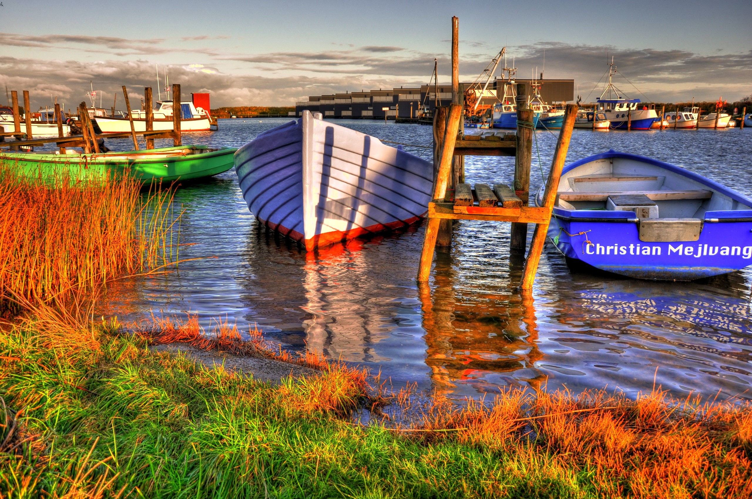 Boats docked in a harbor with reeds and grass HD Wallpaper