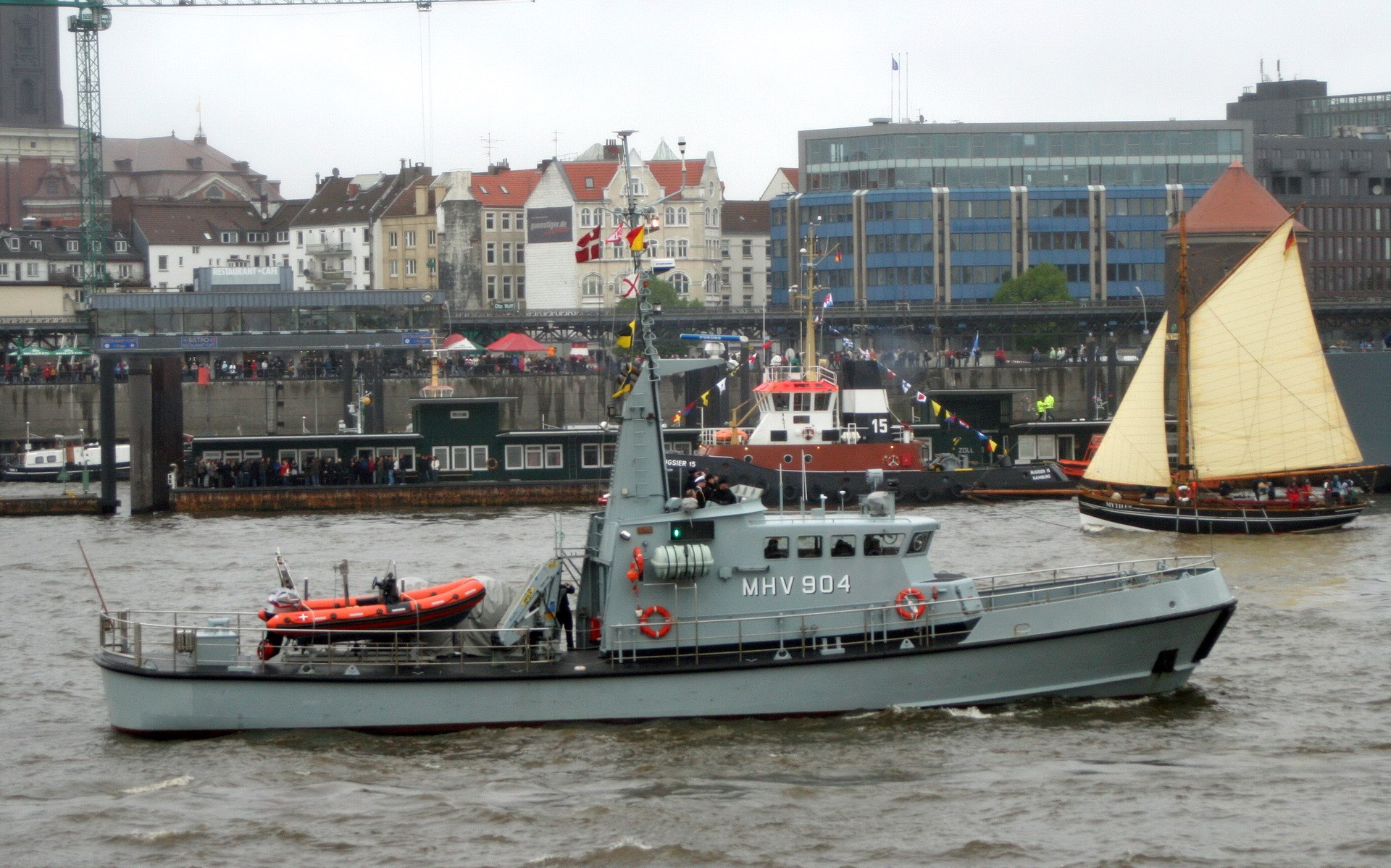 MHV 904 patrol boat and sailboat on river HD Wallpaper