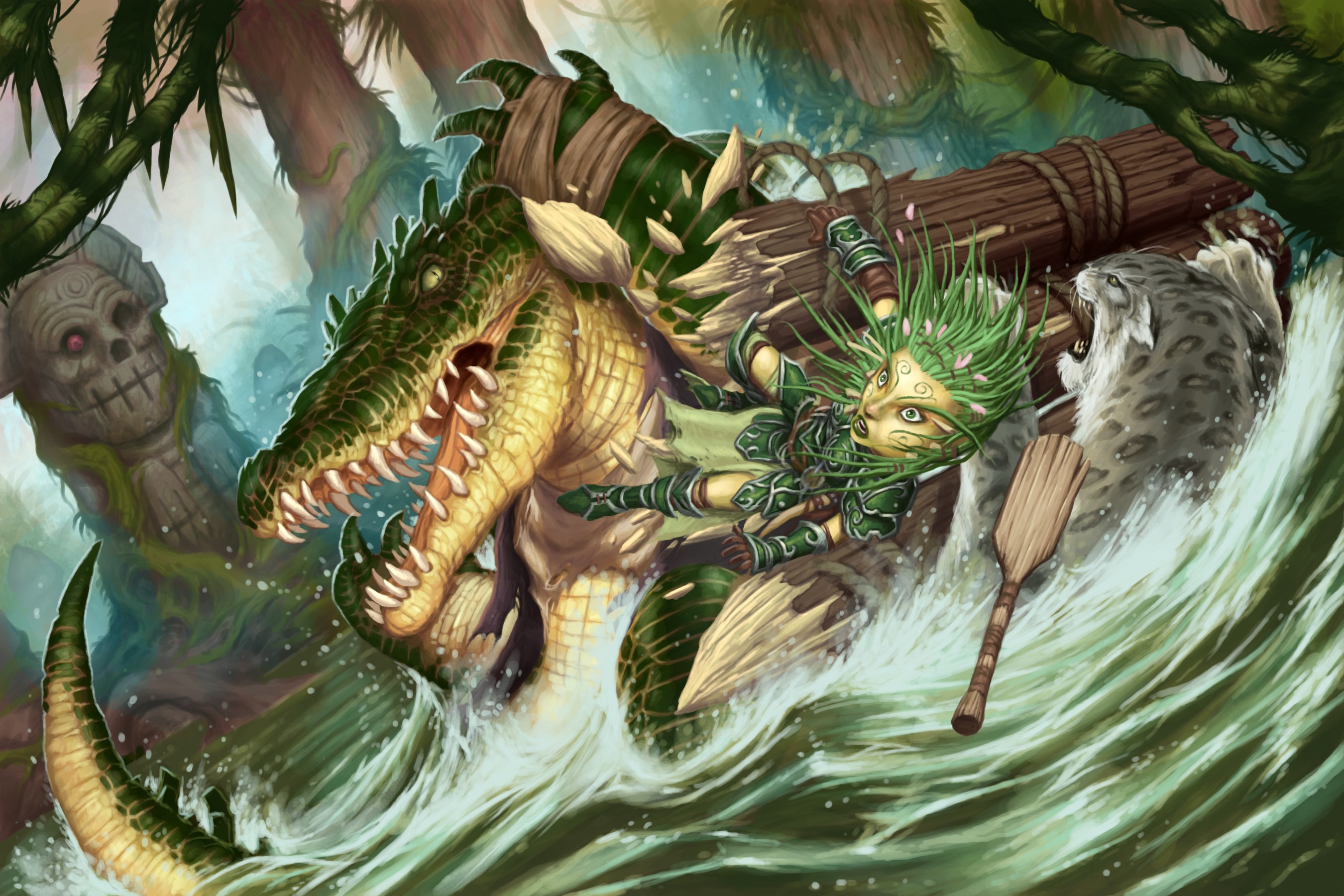Crocodile, creature, and snow leopard on a raft HD Wallpaper