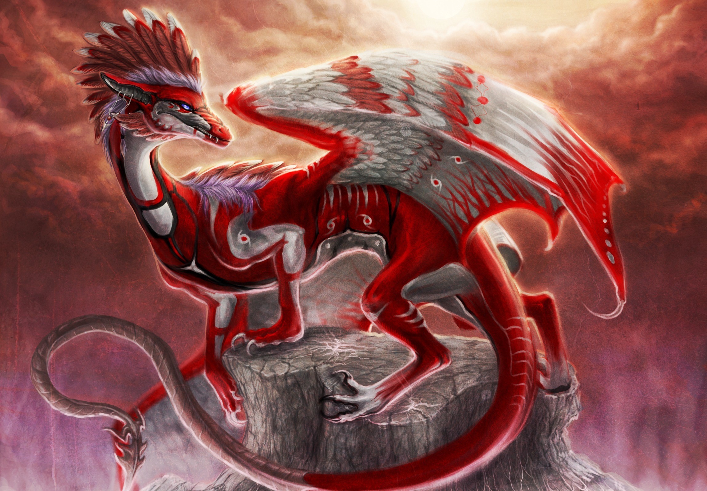 Red and white feathered dragon on a rock HD Wallpaper