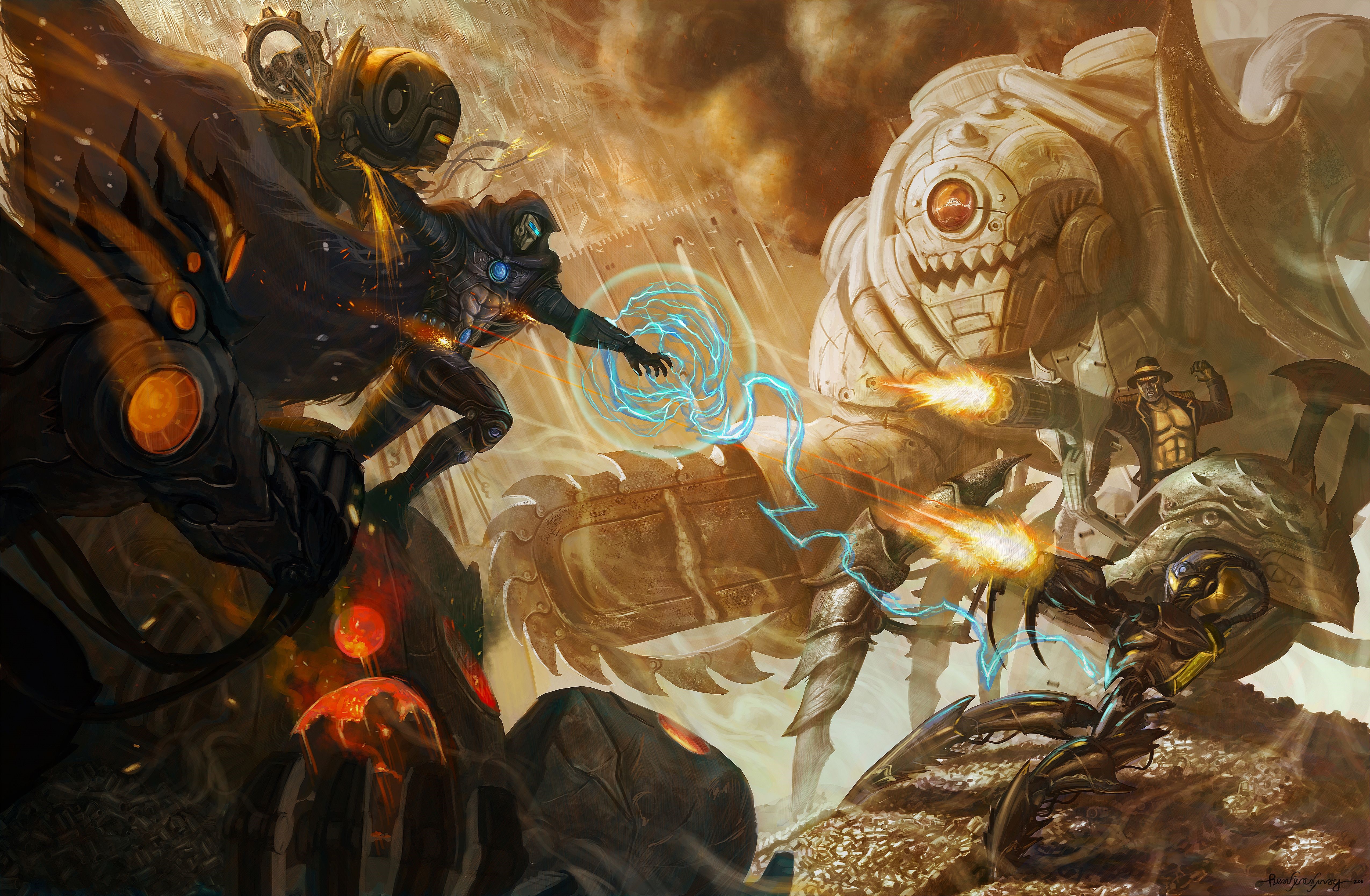 Robotic battle with energy blasts HD Wallpaper