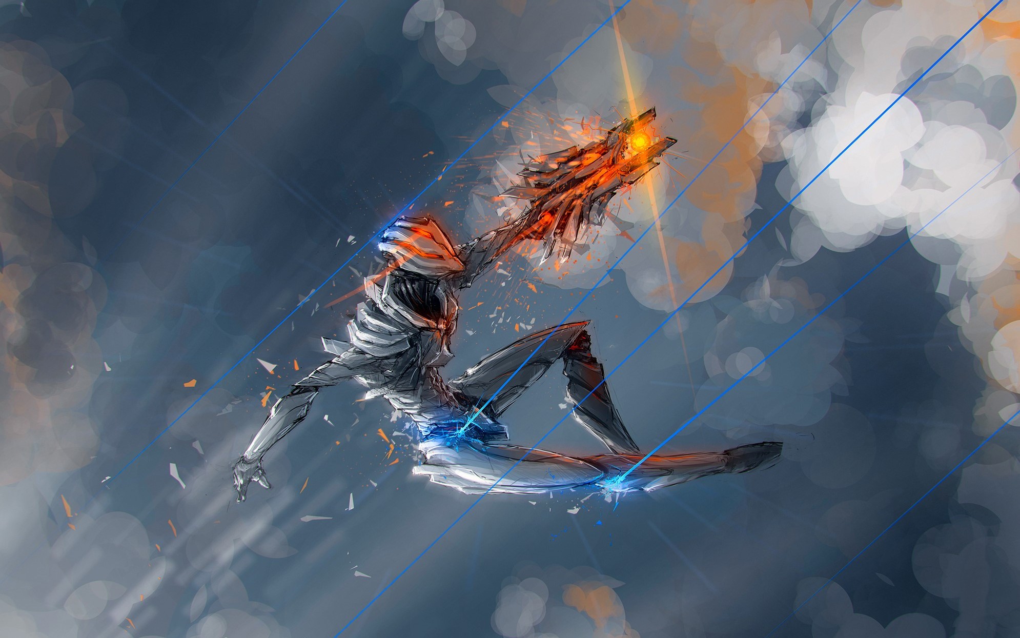 Fantasy character with glowing weapon in abstract sky HD Wallpaper