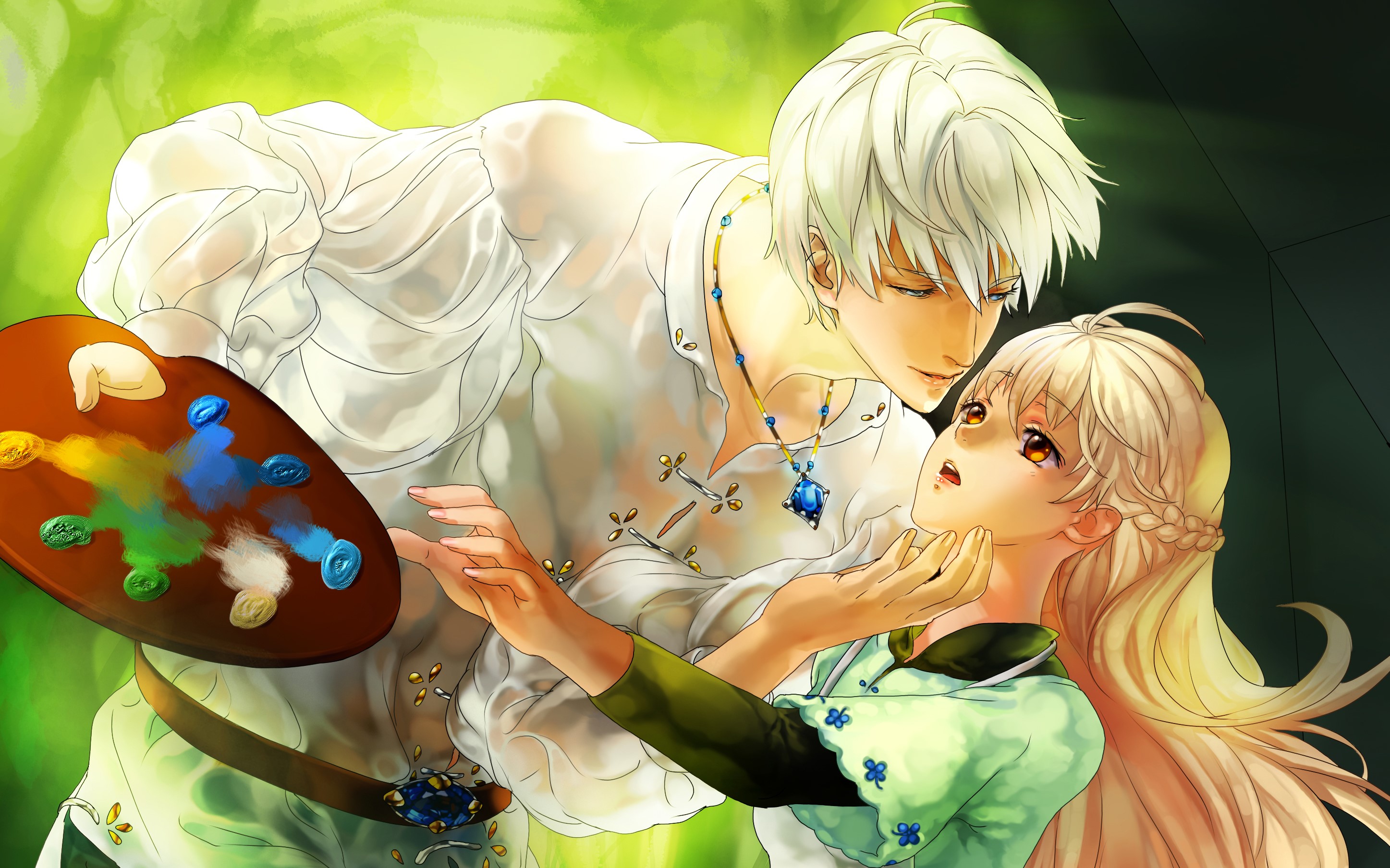 Young man holding a painter's palette and a young woman HD Wallpaper