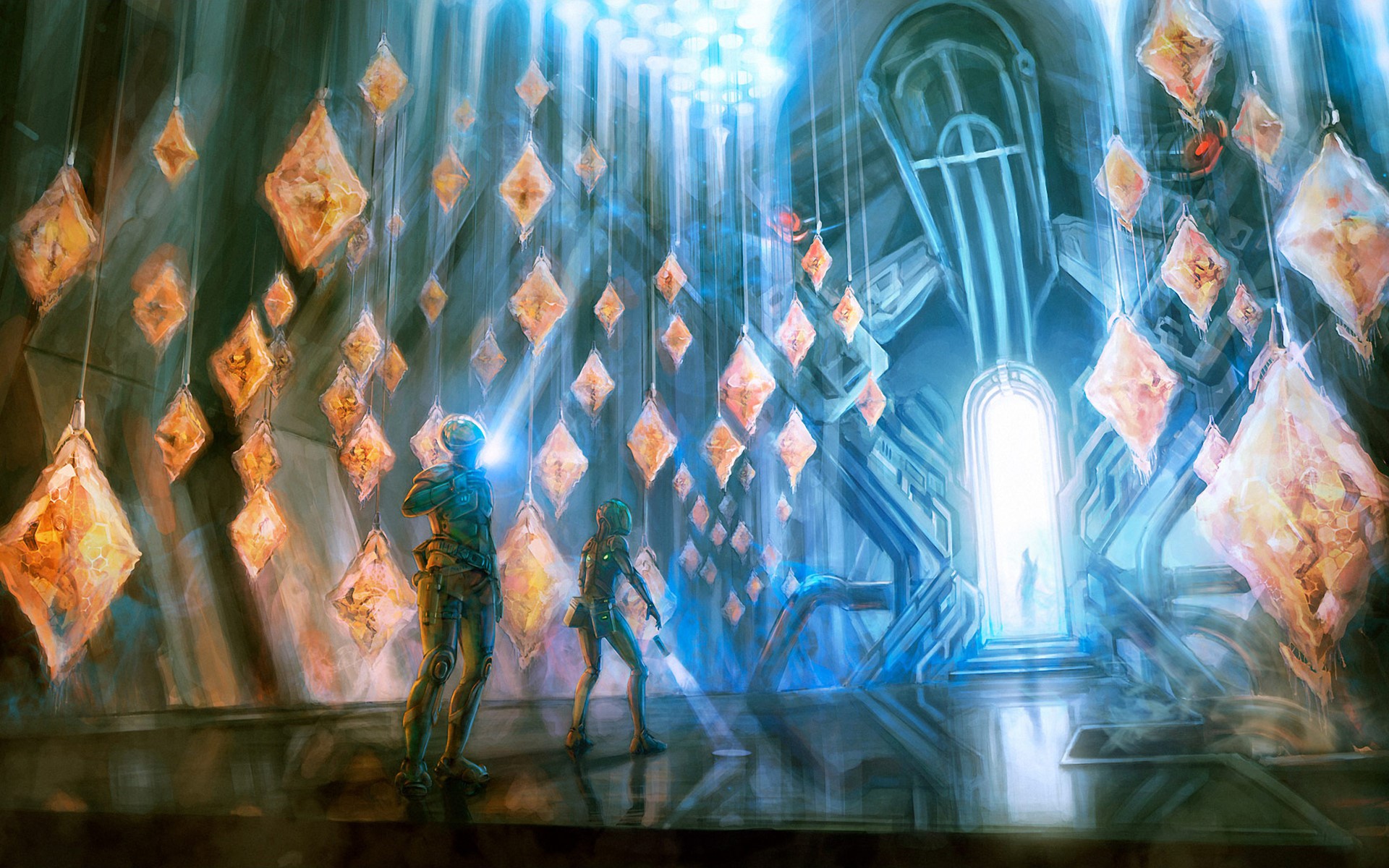 Two figures in a hall with glowing crystals HD Wallpaper