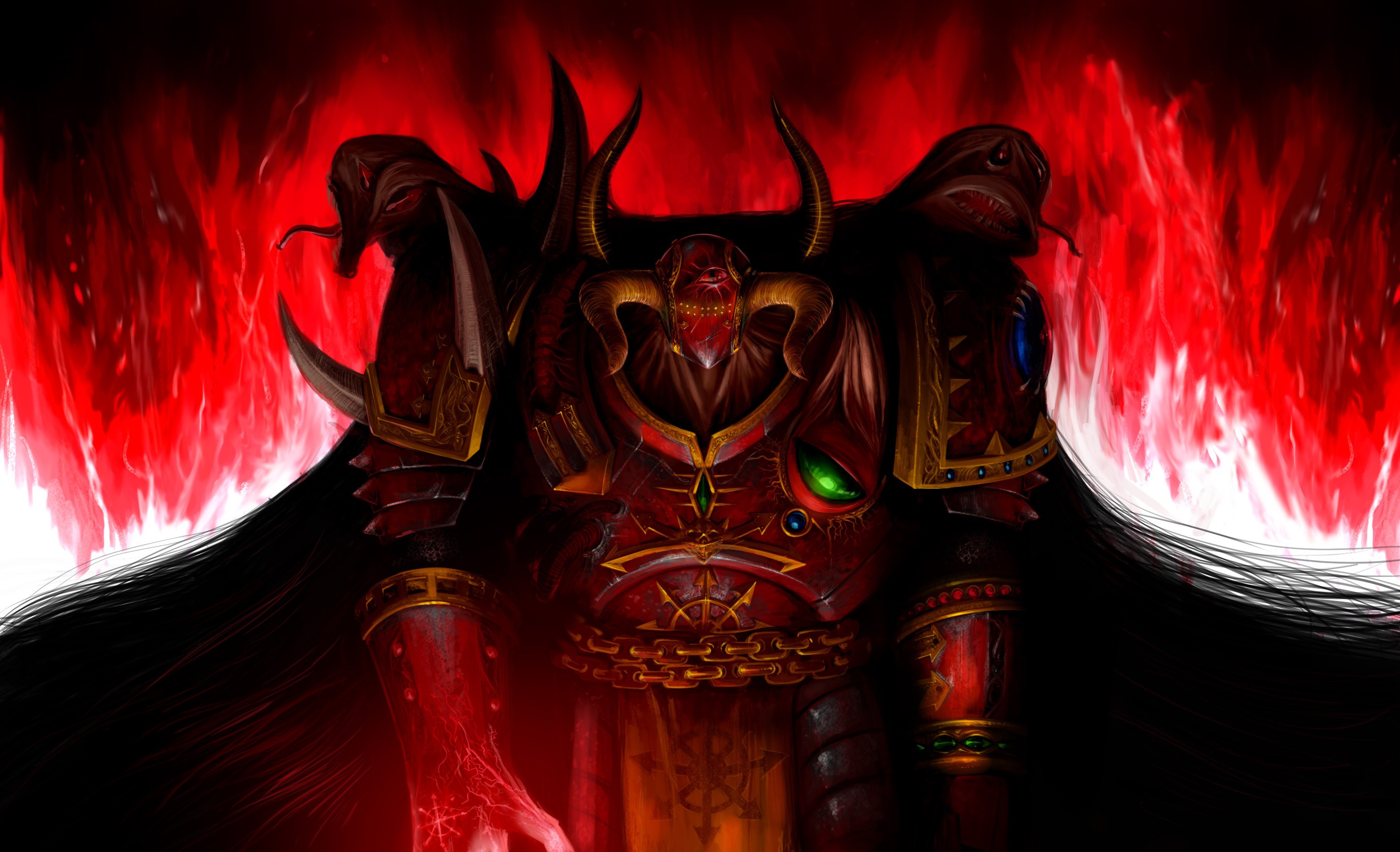 Demon in red armor with horns and green eyes HD Wallpaper