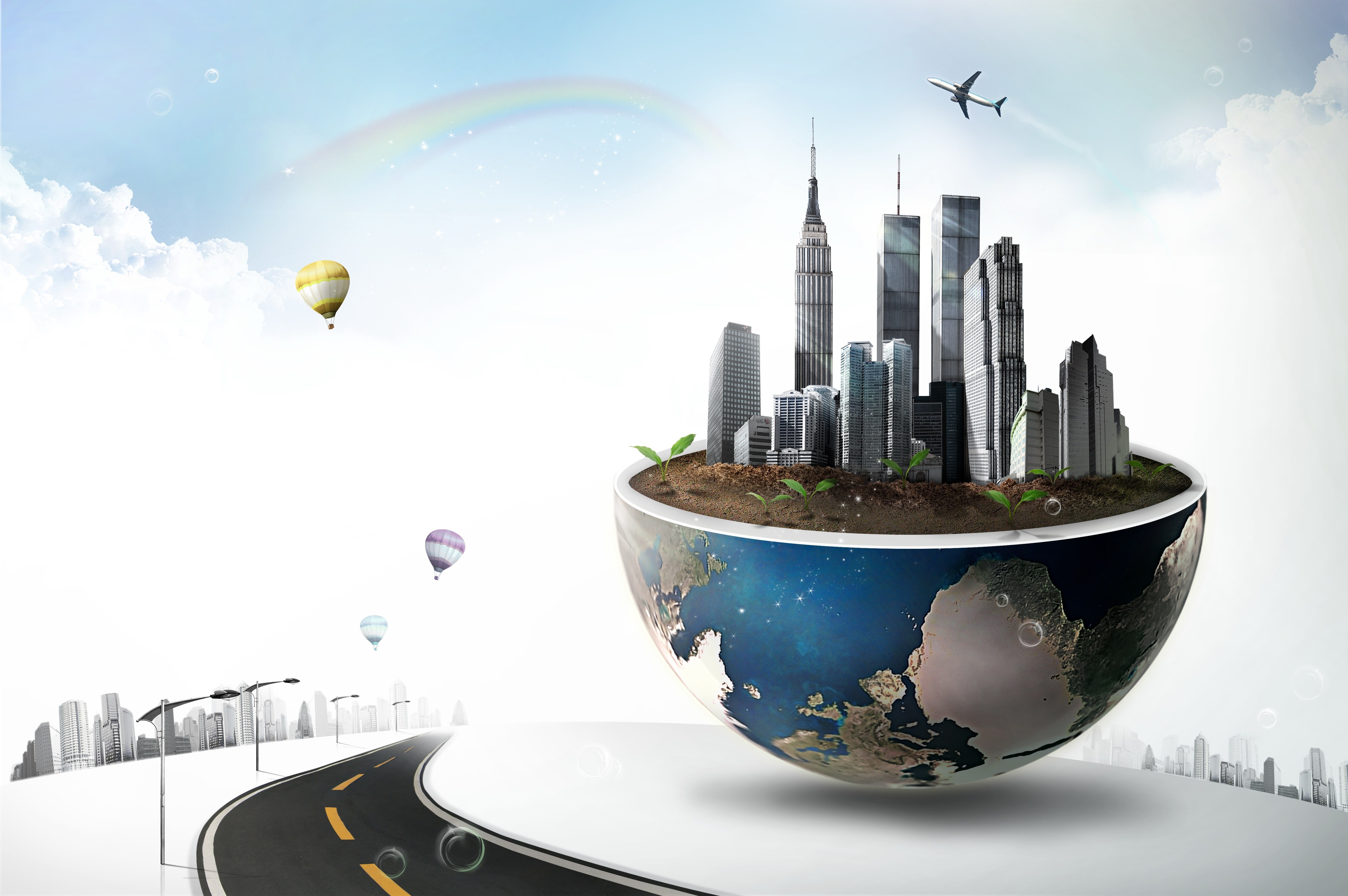 Creative Cityscape on Earth Globe with Hot Air Balloons HD Wallpaper