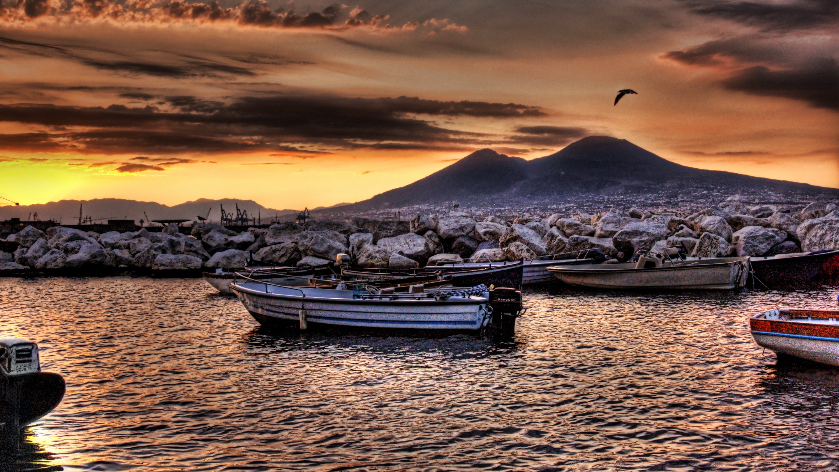 Boats in harbor with Mount Vesuvius at sunset HD Wallpaper