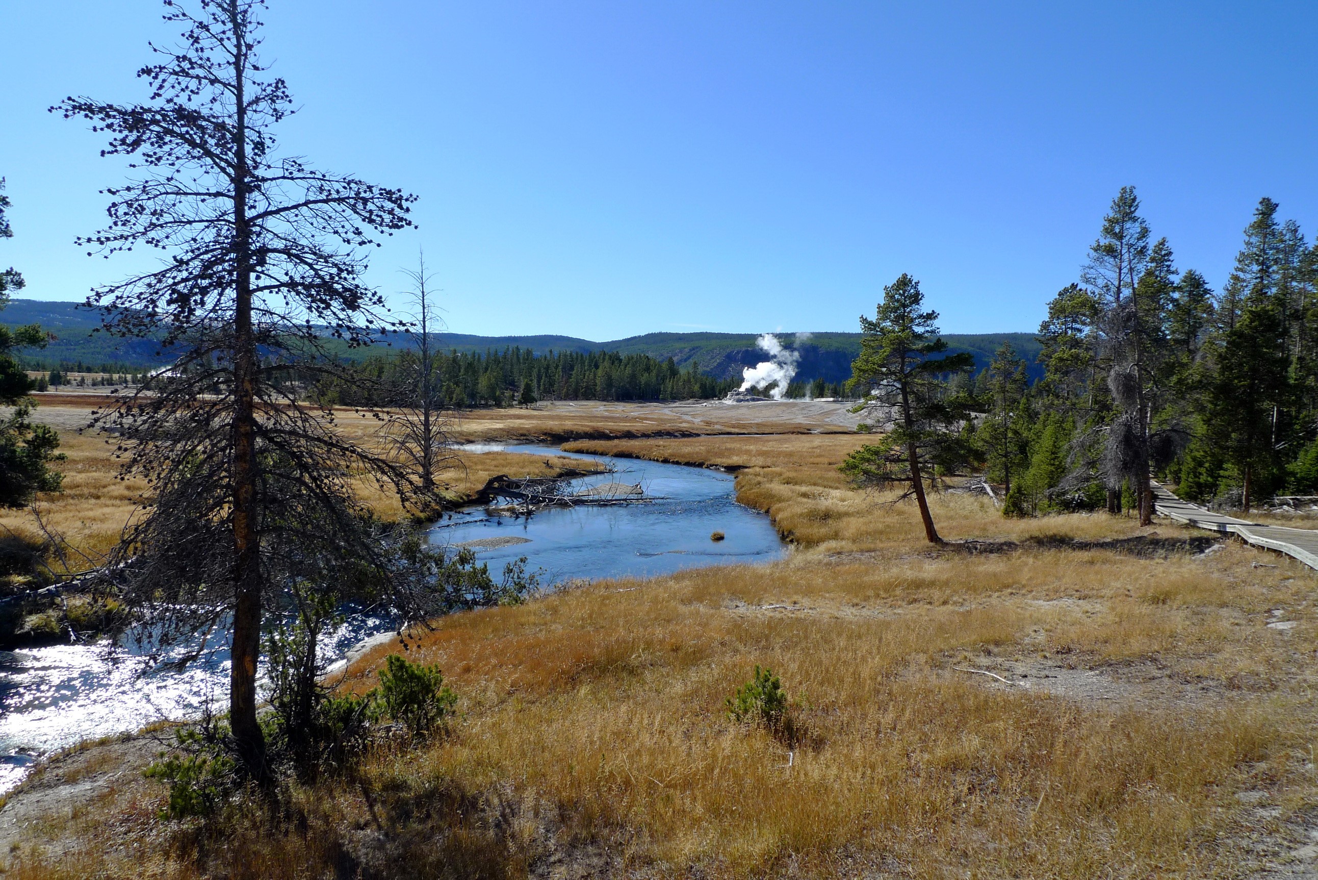Yellowstone National Park Geyser Steam and River HD Wallpaper
