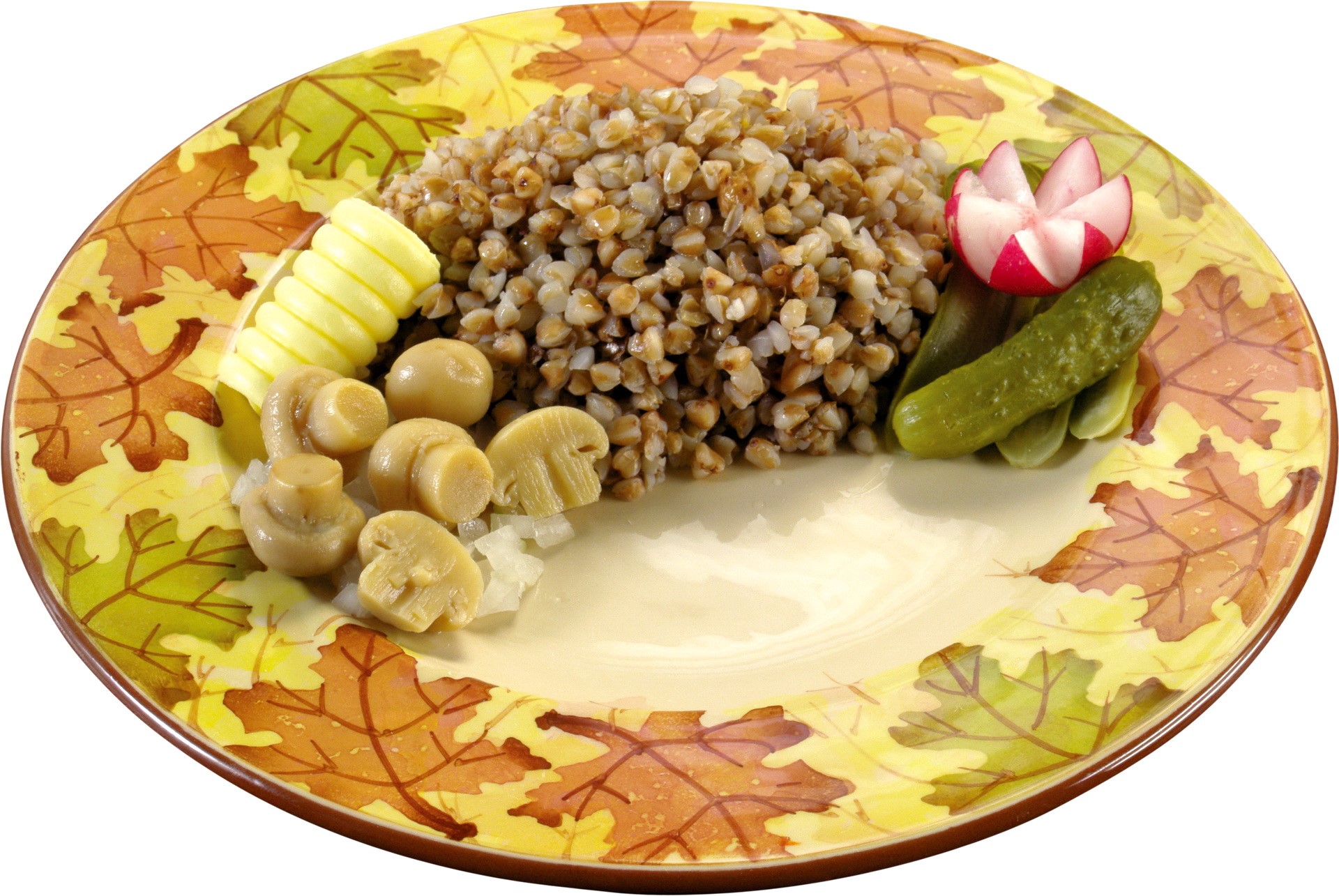 Buckwheat with mushrooms, pickles, butter, and radish HD Wallpaper