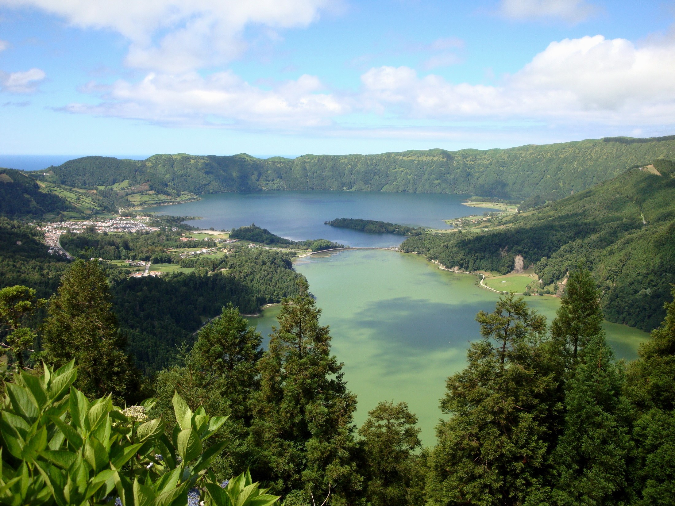 View of Sete Cidades lake and village, Azores HD Wallpaper