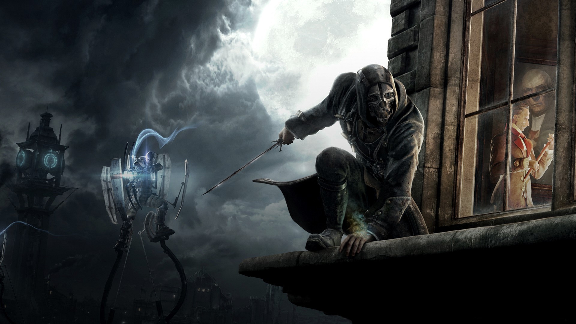 Corvo Attano from Dishonored on a rooftop HD Wallpaper